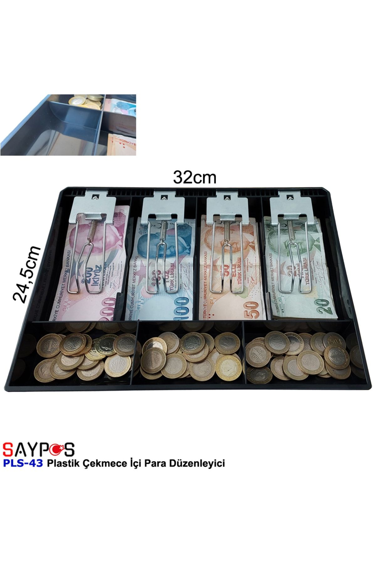 SAYPOS Rampalı Plastik Çekmece Içi Para Düzenleyici 4 Banknot 3 Bozuk Para Gözlü 32 X 24,5 X 3,5cm