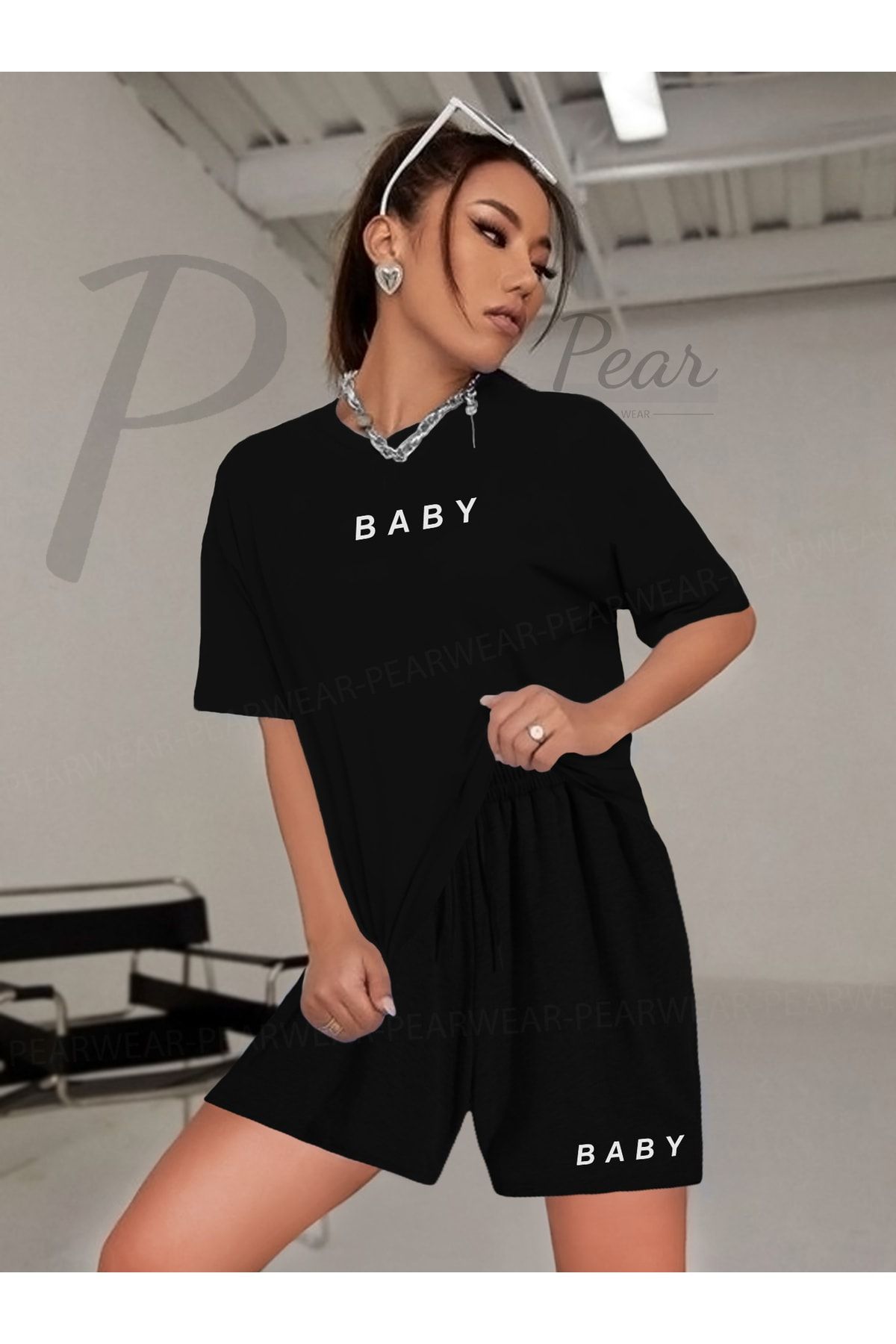 Pear Wear Kadın Baby Baskılı Oversize Tişört Şort İkili Takım