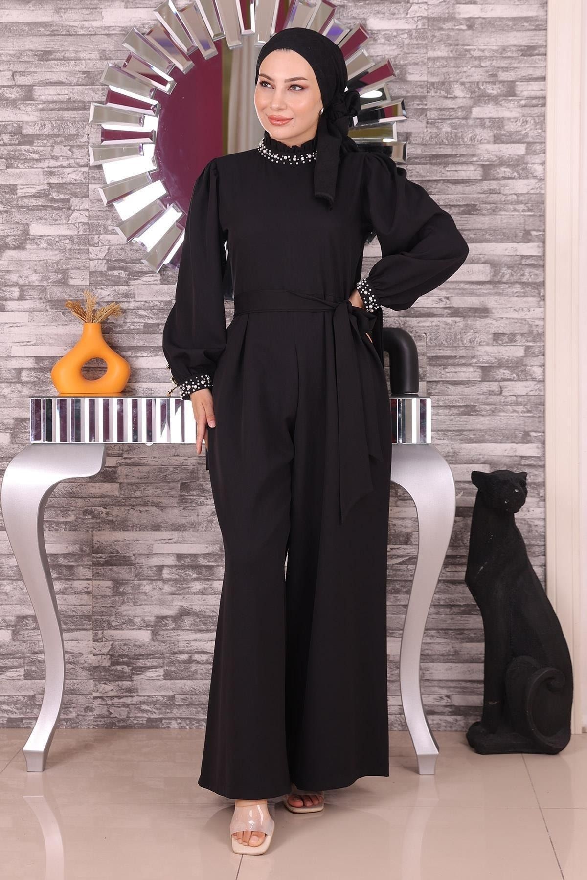 ModaMihram İnci Detaylı Tulum Elbise Siyah 19152