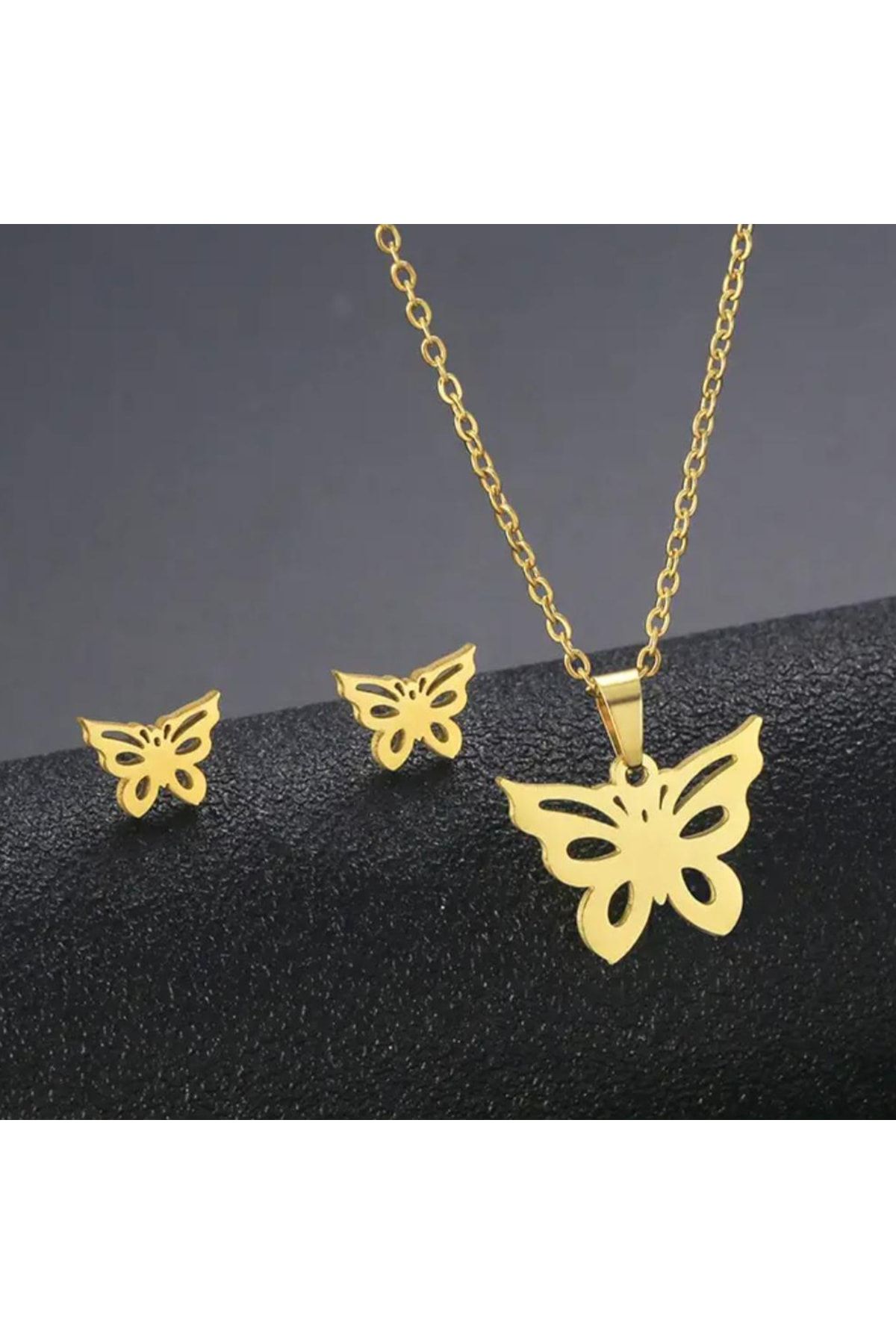Köstebek Gold Harajuku Butterfly Kolye Ve Küpe Seti