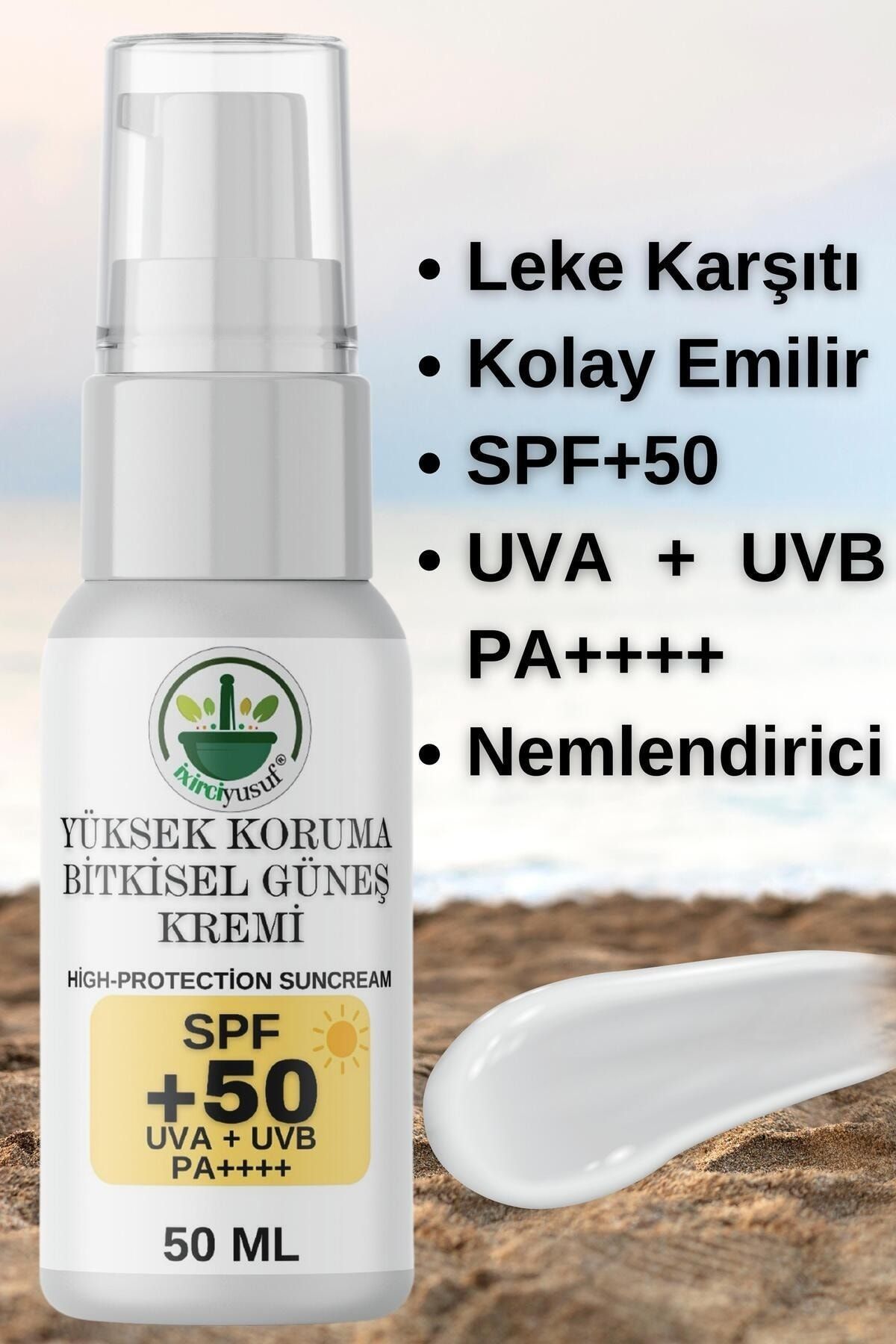 ixirciyusuf Yüksek Koruma Bitkisel Güneş Kremi +50SPF /Hızlı Emilim- Nemlendirici (50ml)