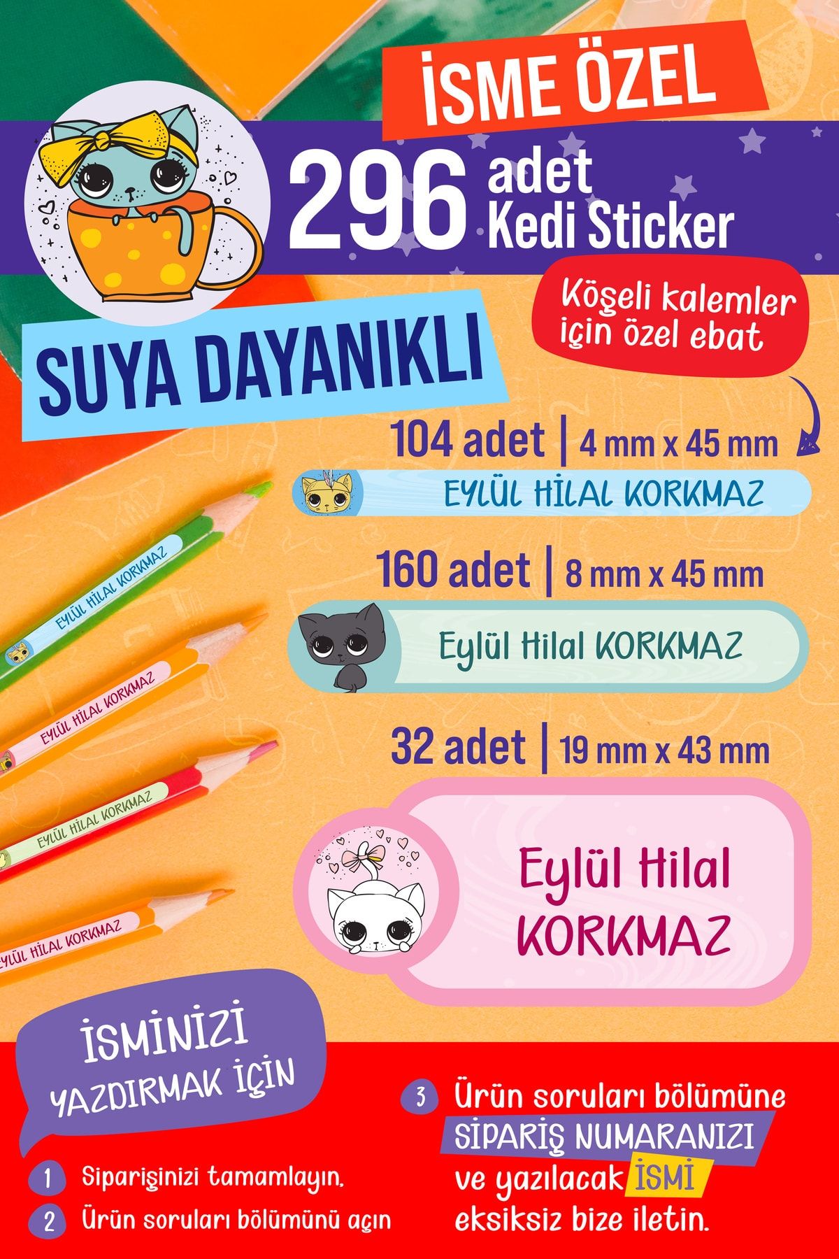 colortouch 296 ADET Kedi Serisi Okul Etiketi Kalem Etiketi Defter Etiketi Kişiye Özel İsim Yazılabilen Etiket