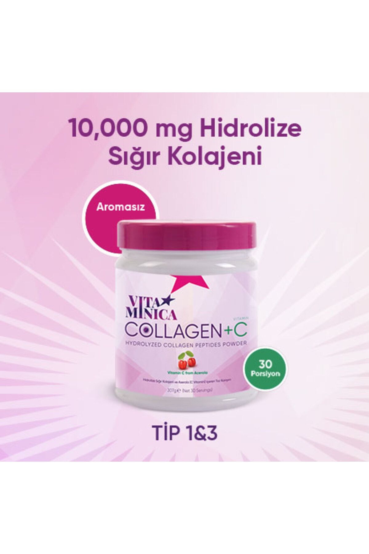 Vitaminica Collagen Sade 30 Porsiyon, Kavanoz Toz, Vitamin C Tip I-III Kolajen Acerola