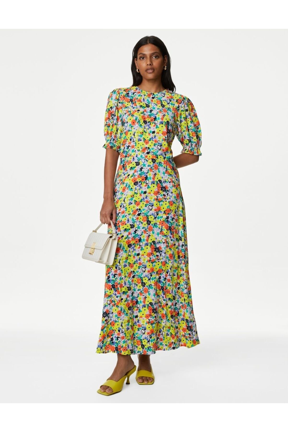 Marks & Spencer Çiçek Desenli Kısa Kollu Midi Elbise