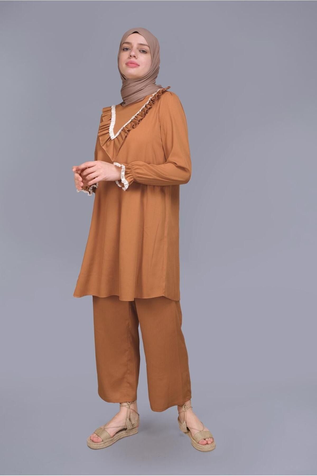 TRENDTESETTÜR Kadın Sarı (SAFRAN) Fırfırlı Dantelli Pantolonlu Takım 40804
