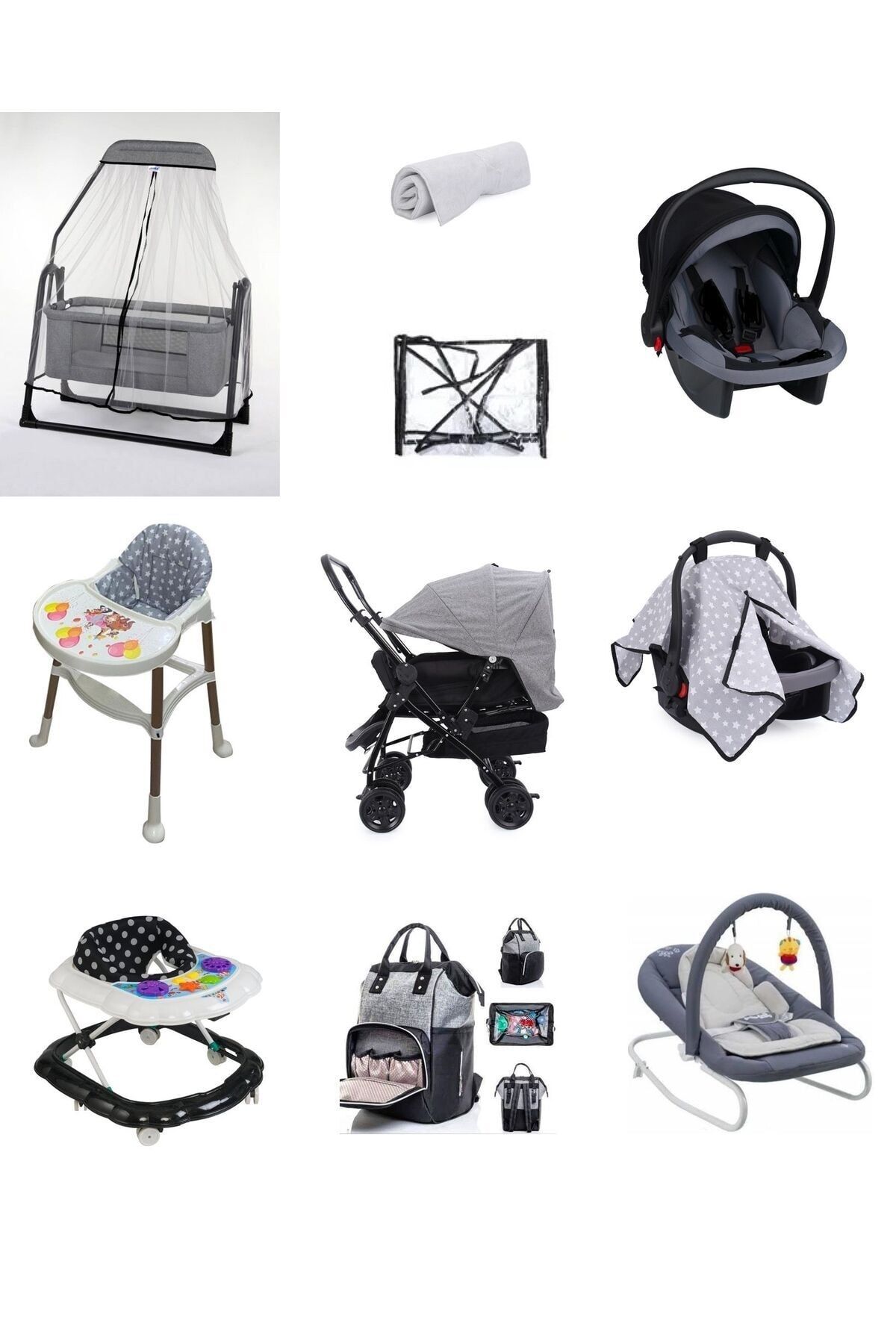 LETS GO BABY Bebek Çeyiz Seti 10parça Çift Yön Bebek Arabası Beşik Ana Kucağı Yürüteç Puset Mama Sandalyesi