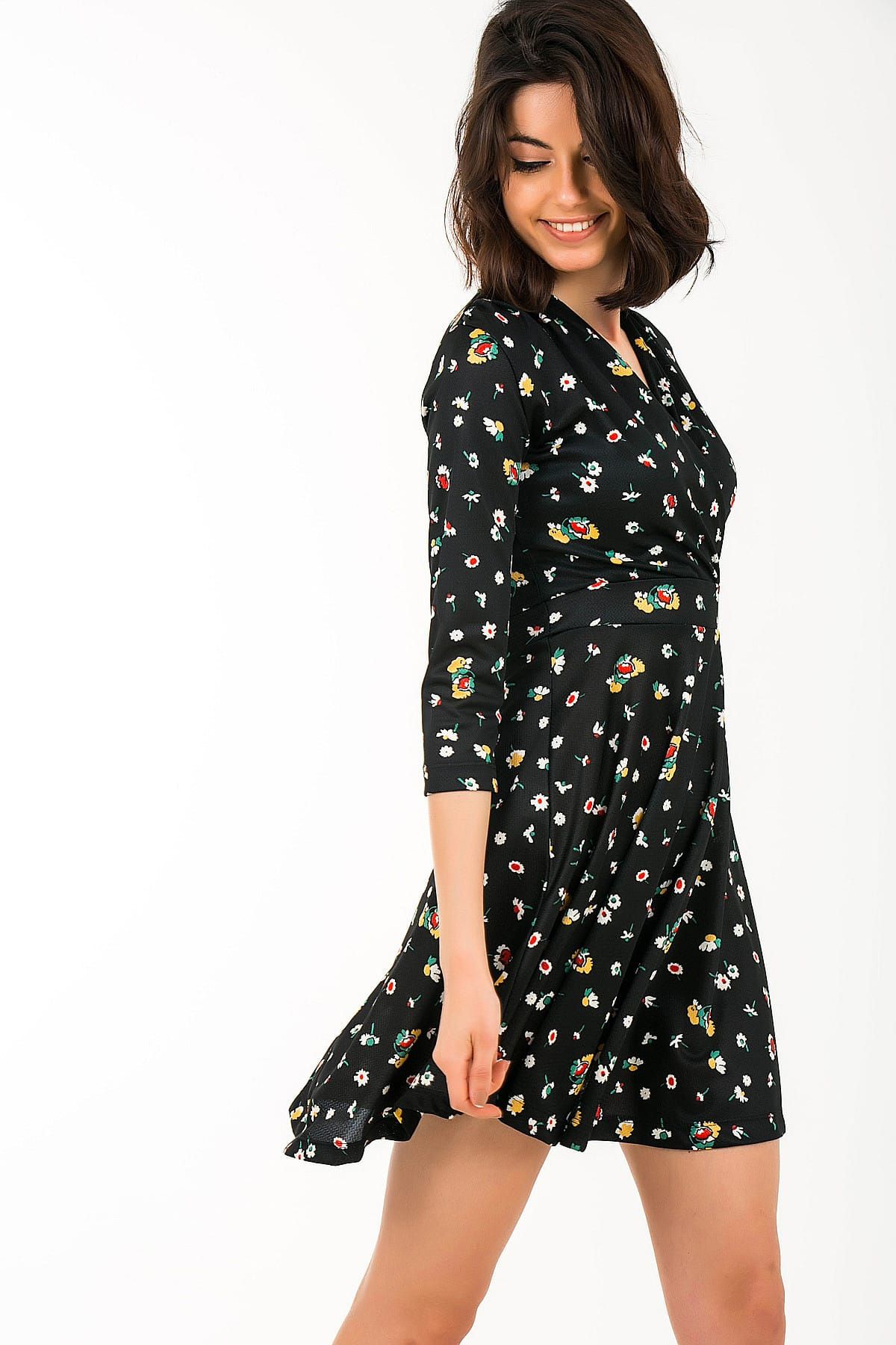 By Saygı Kadın Siyah Kruvaze Küçük Çiçek Desen Örme Krep Likra Elbise S-19Y3500019
