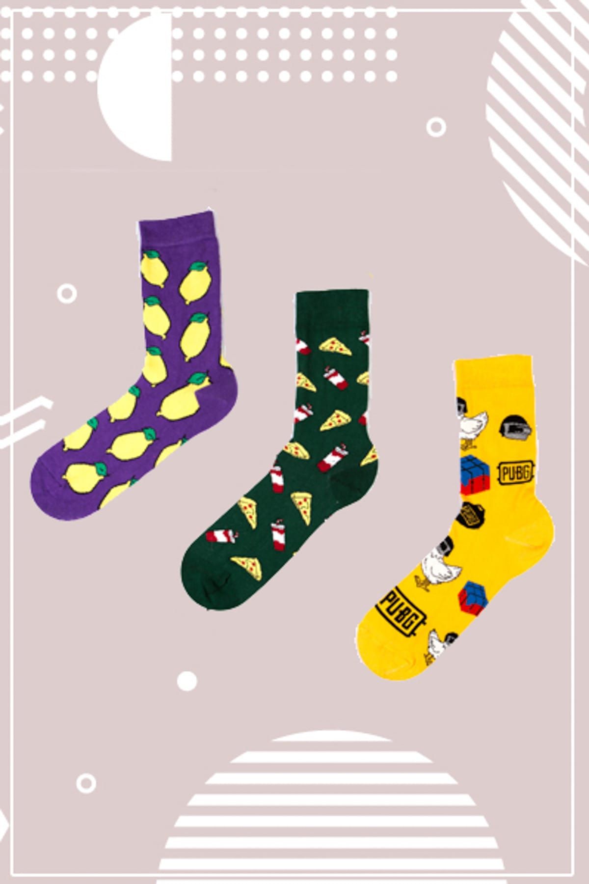 Neşeli Çoraplar Unisex Desenli 3'Lü Pubg Renkli Çorap Set