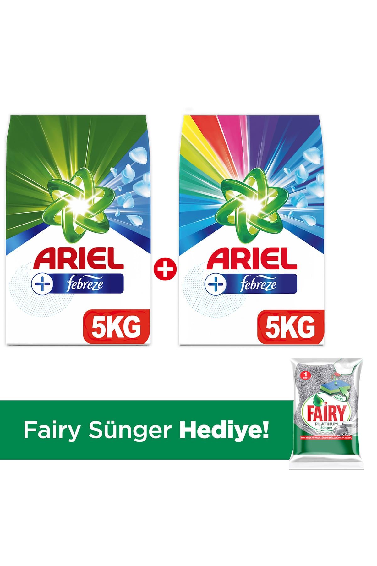 Ariel Plus Toz Çamaşır Deterjanı Febreze Etkili Beyazlar 5 kg + Parlak Renkler 5 kg (Sünger Hediyeli)