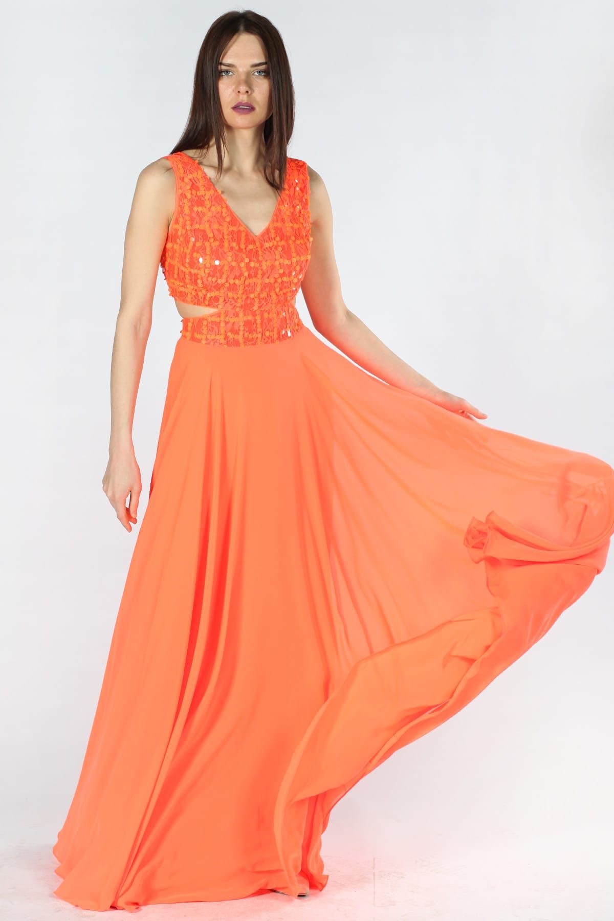 Herry Kadın Neon Oranj Elbise 5838-Jp
