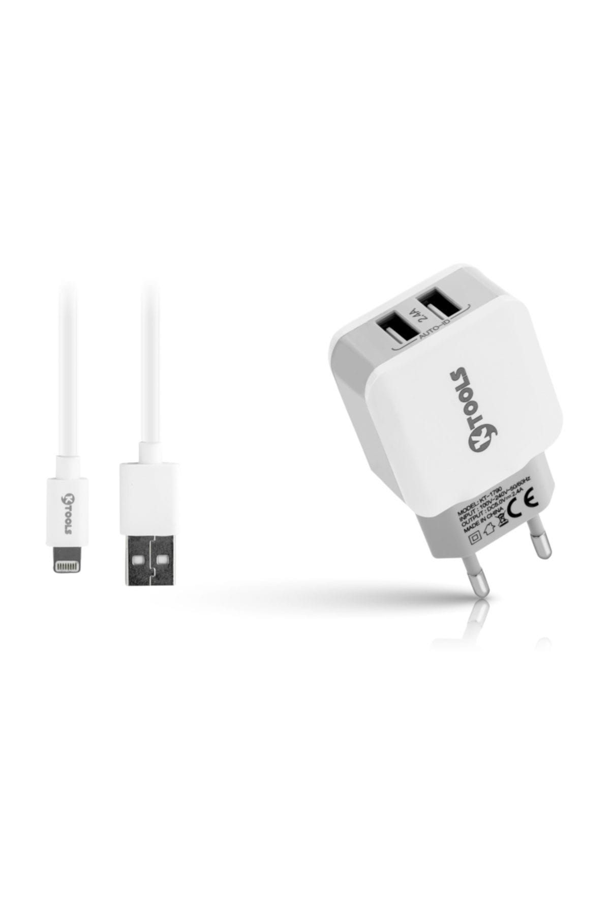 Ktools MFI 2.4A 2 USB Lightning Beyaz Seyahat Şarjı Apple Lisanslı
