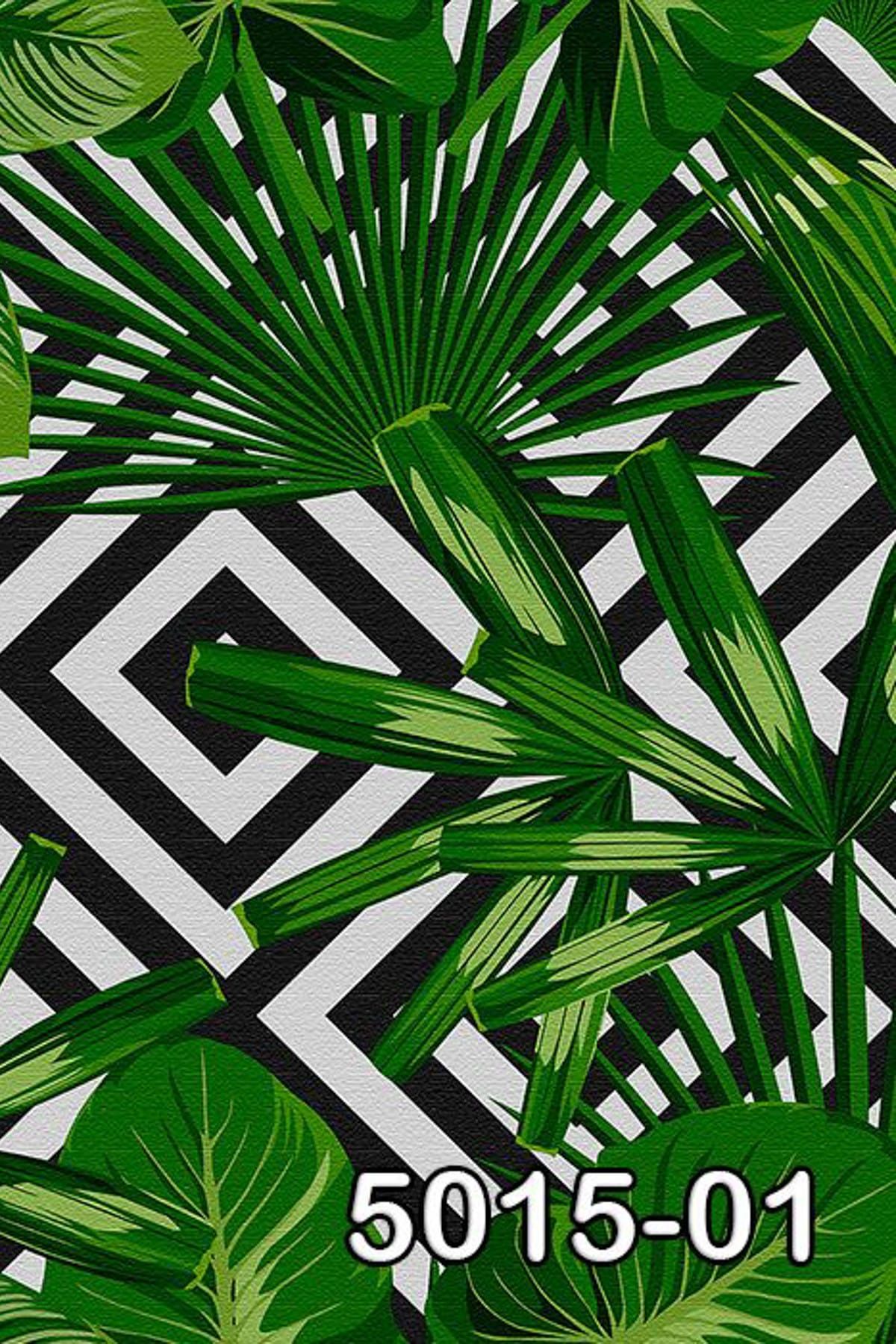 Decowall Retro 5015-01 Yeşil Tropikal Yaprak Desenli Duvar Kağıdı