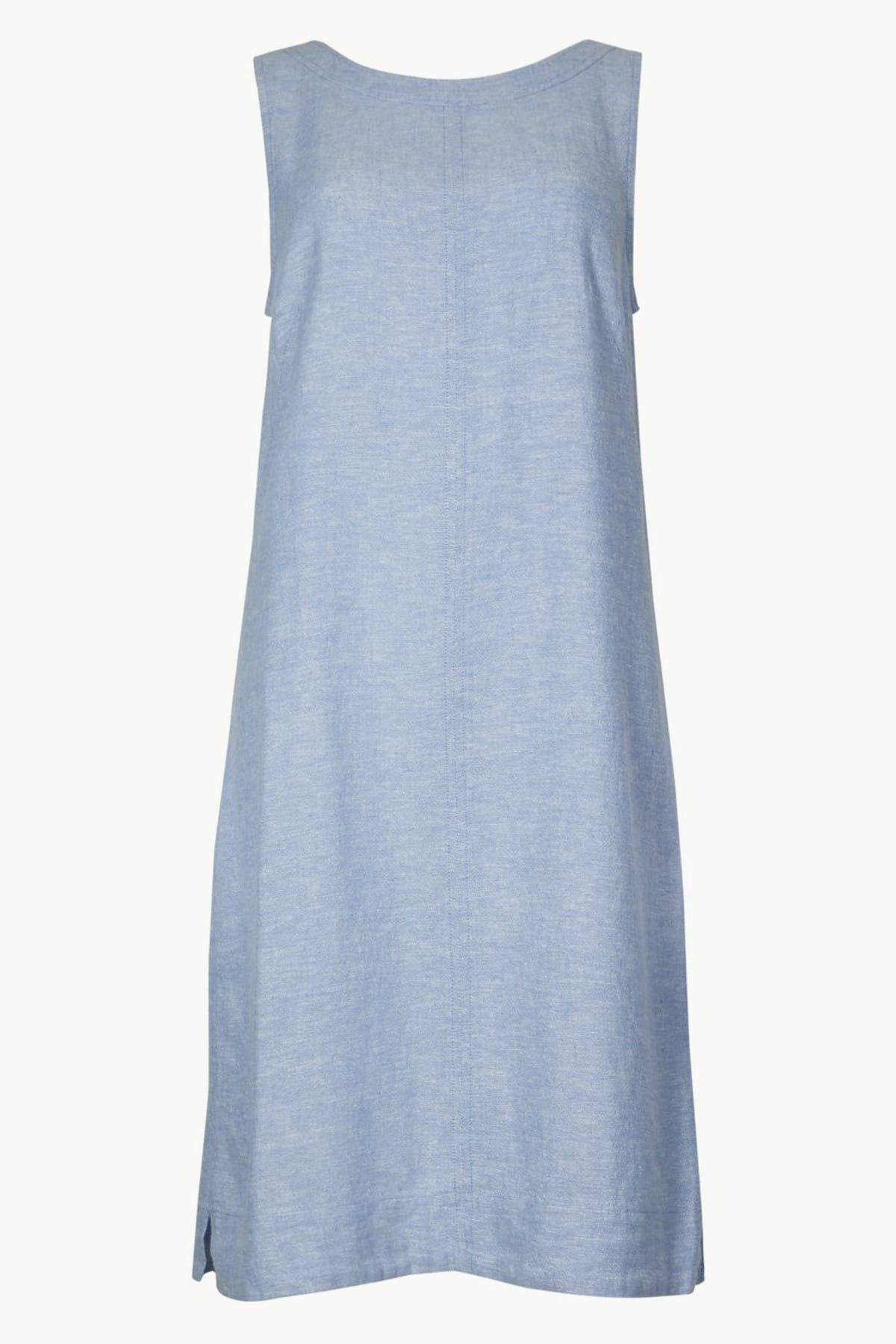 Marks & Spencer Kadın Mavi Yuvarlak Yaka Keten Elbise T42006002