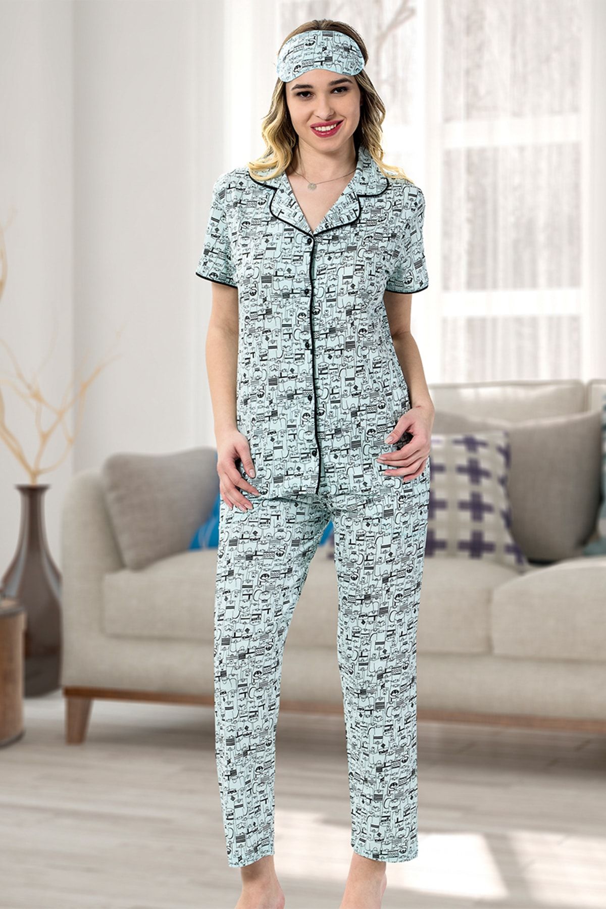 Kompedan Pijamamoni 5585 8 Penye Önü Düğmeli Kısa Kol Pijama Takımı