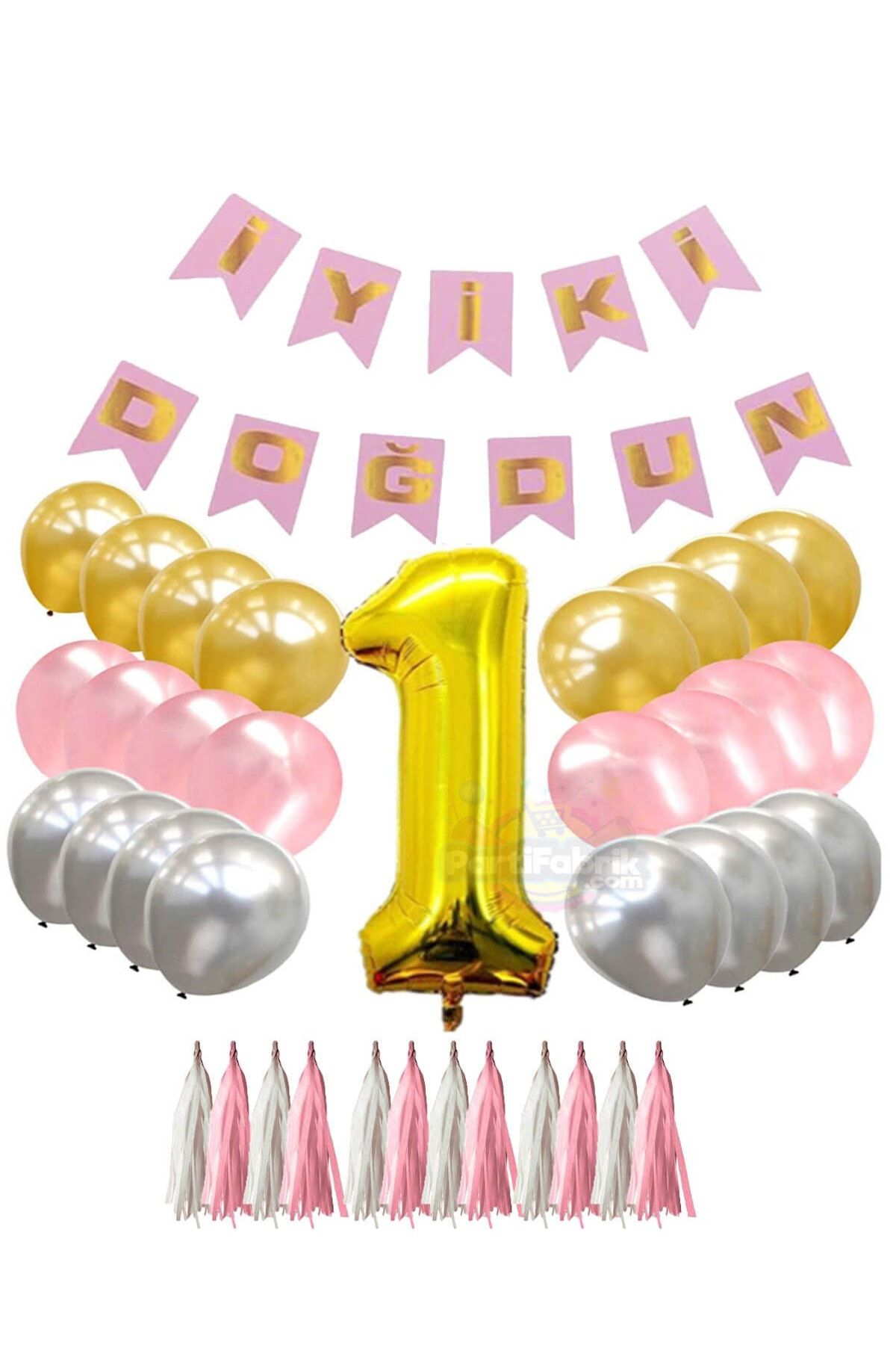 Partifabrik Gold Pembe 1 Yaş Doğum Günü Parti Seti