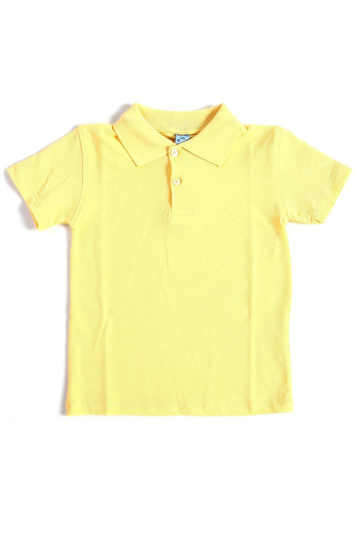 Alme Sarı Kısa Kol Çocuk Düz Renk Okul Lakos Tişört - 80238-Sarı