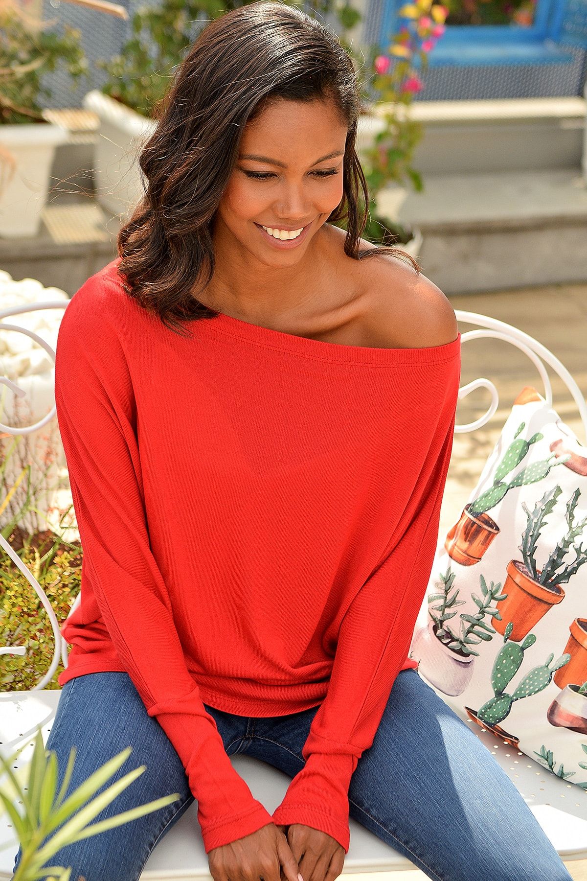 Trend Alaçatı Stili Kadın Kırmızı Kayık Yaka Salaş Bluz ALC-017-131-RE