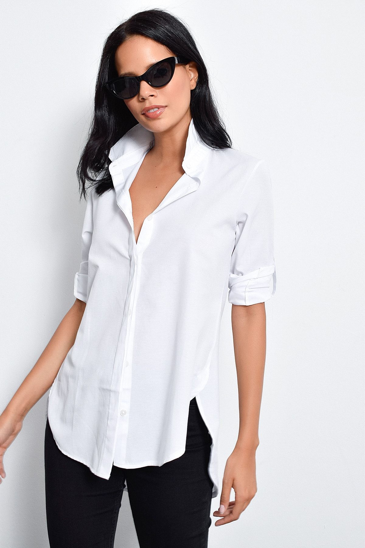 Cool & Sexy Kadın Beyaz Gizli Düğmeli Uzun Gömlek SF105081