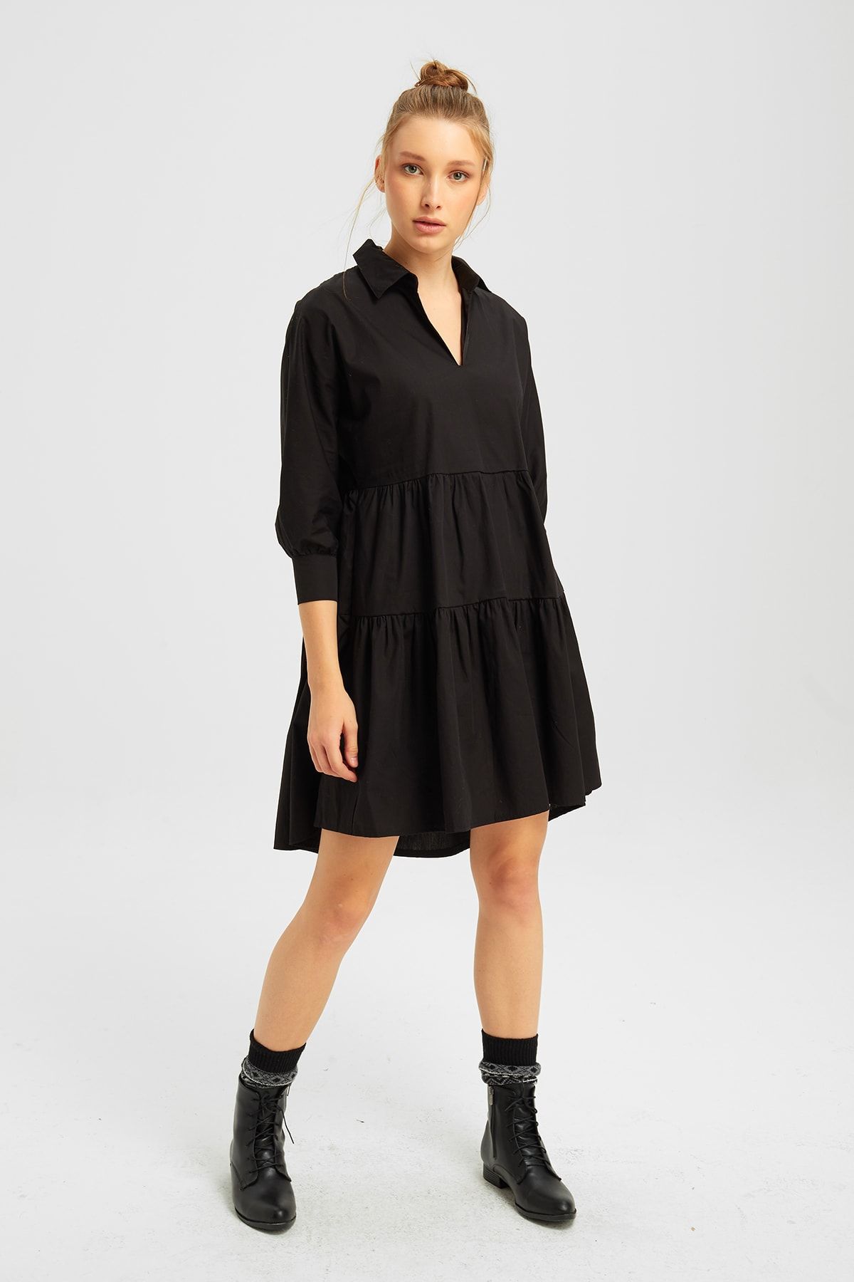 New Now Kadın Siyah Gömlek Yaka Oversize Poplin Elbise 20K679112
