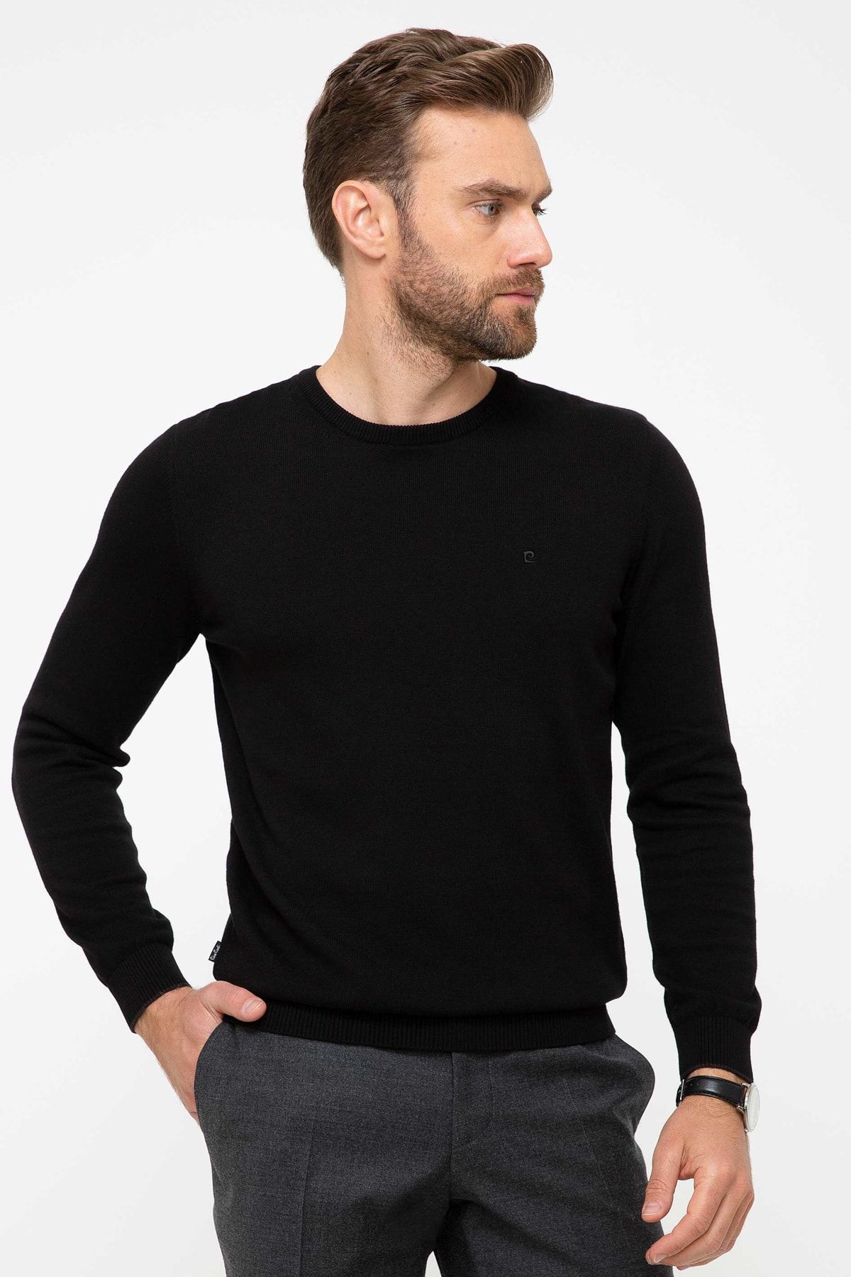 Pierre Cardin Erkek Siyah Slim Fit Basic Triko Kazak