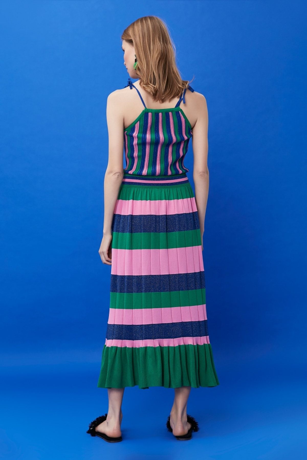 İpekyol Kadın Yeşil İp Aslkılı Çizgi Örme Elbise IS1190002276070