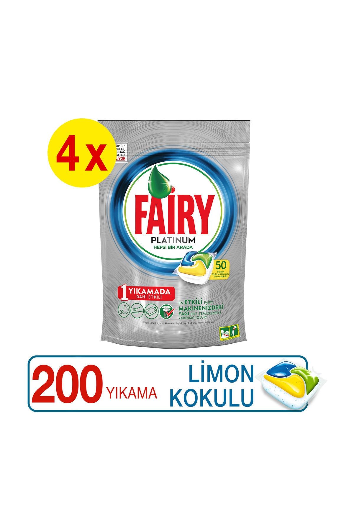 Fairy Platinum  50x4 200 Adet Bulaşık Makinesi Deterjanı Kapsülü Limon Kokulu
