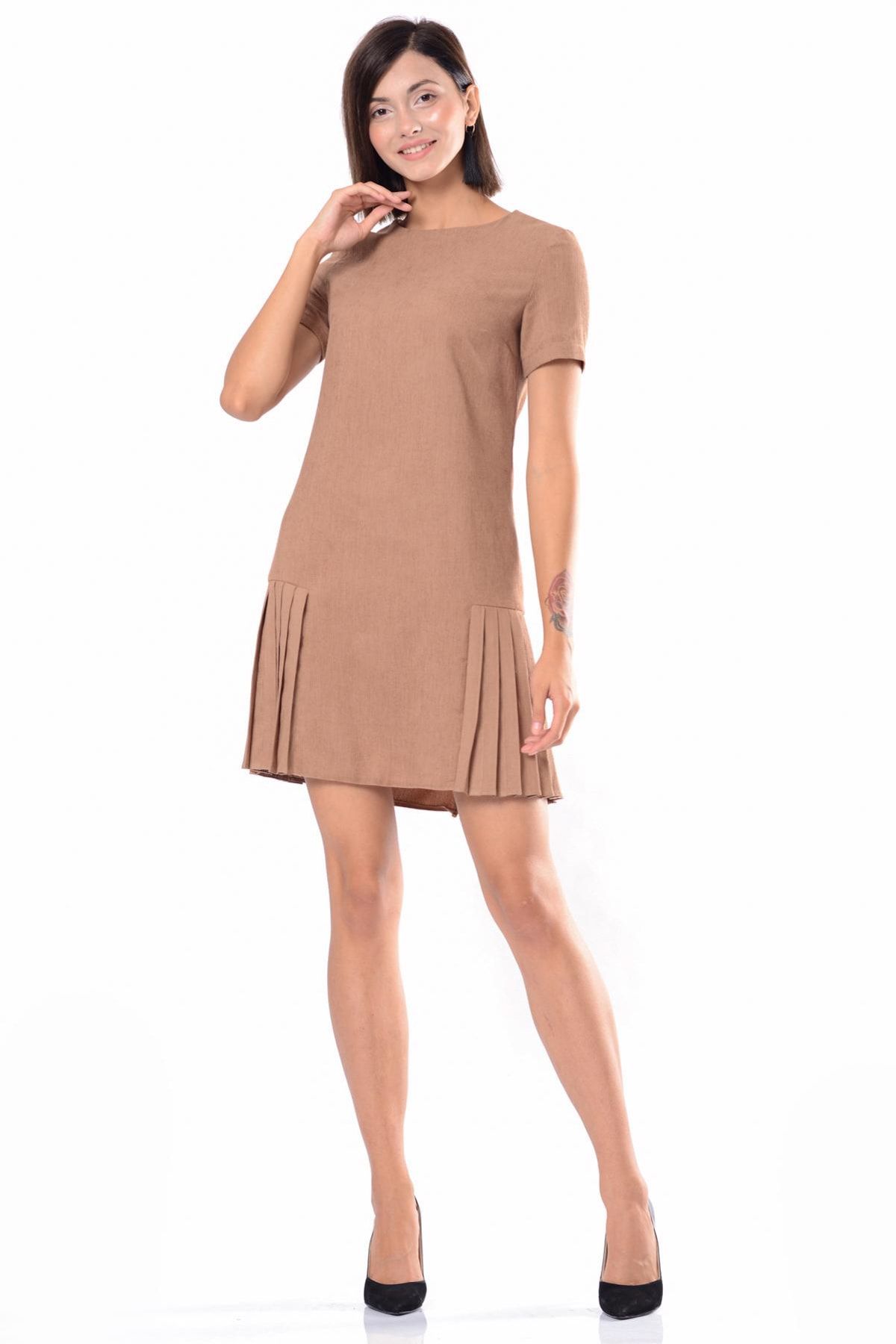 İroni Kadın Vizon Pileli Kadife Mini Elbise 5287-1313