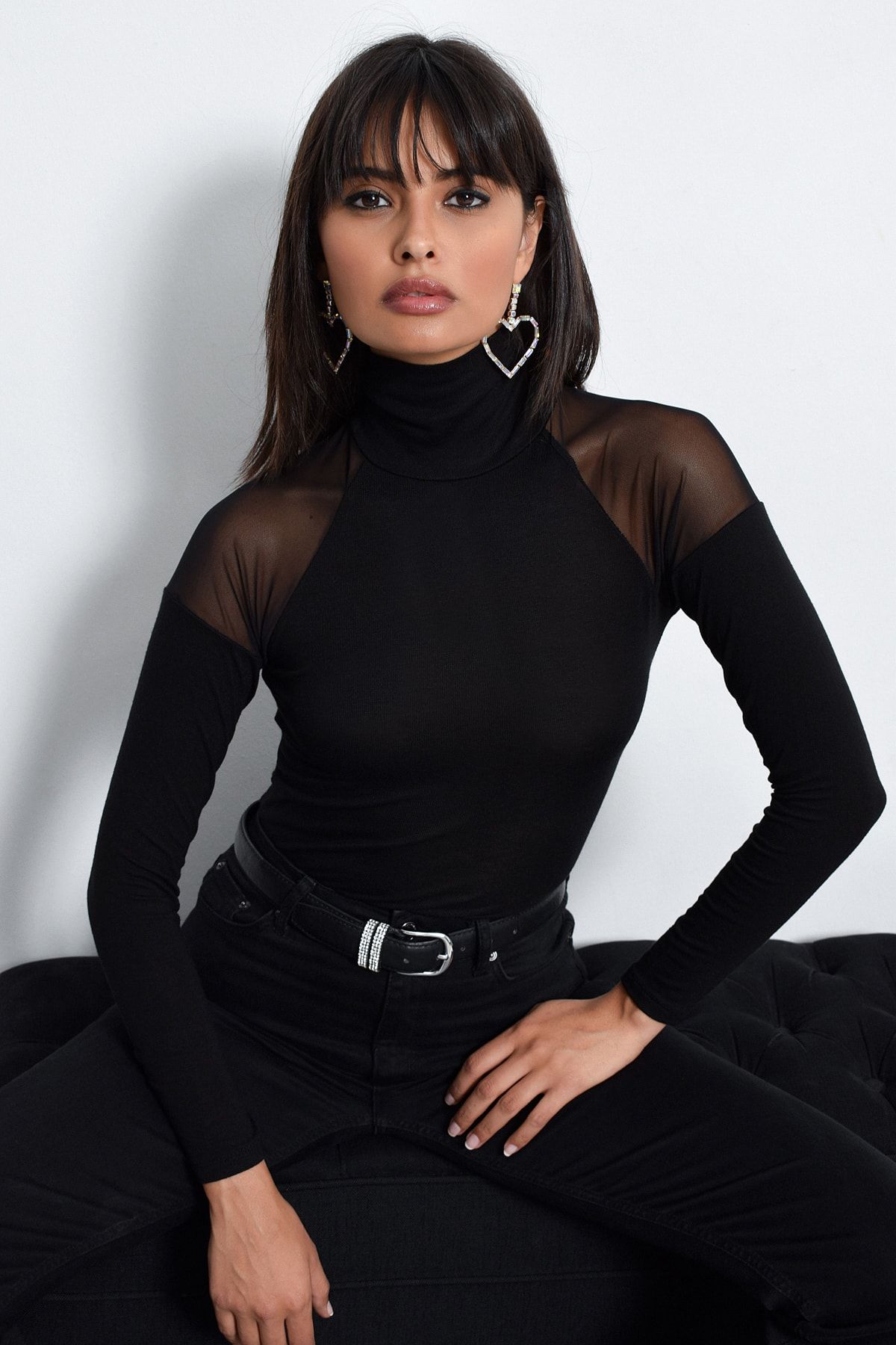 Cool & Sexy Kadın Siyah Omuzları Tül Bluz TZ2075