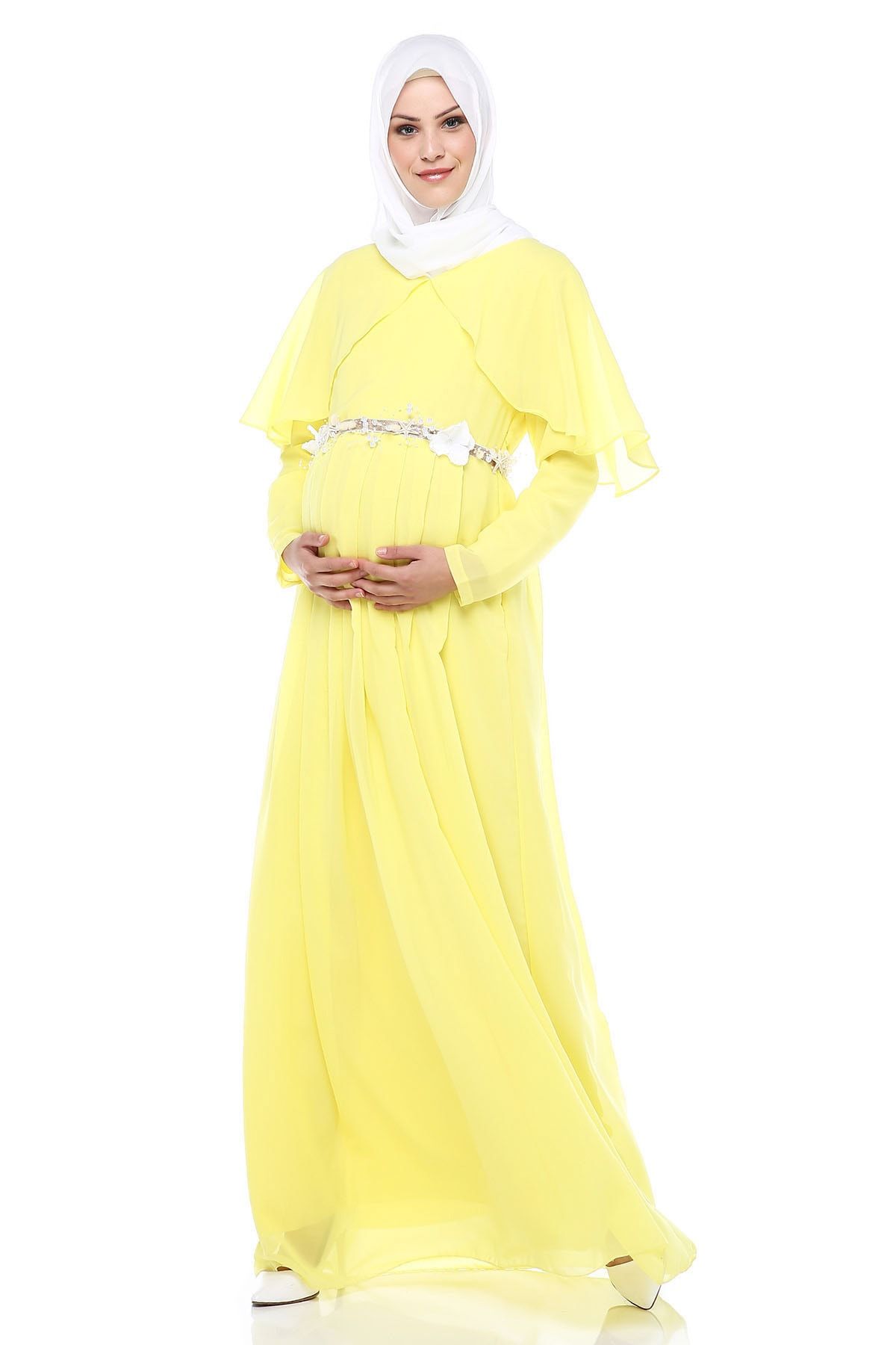 MODA LABİO Melek Kol Tesettür Hamile Elbisesi Sarı