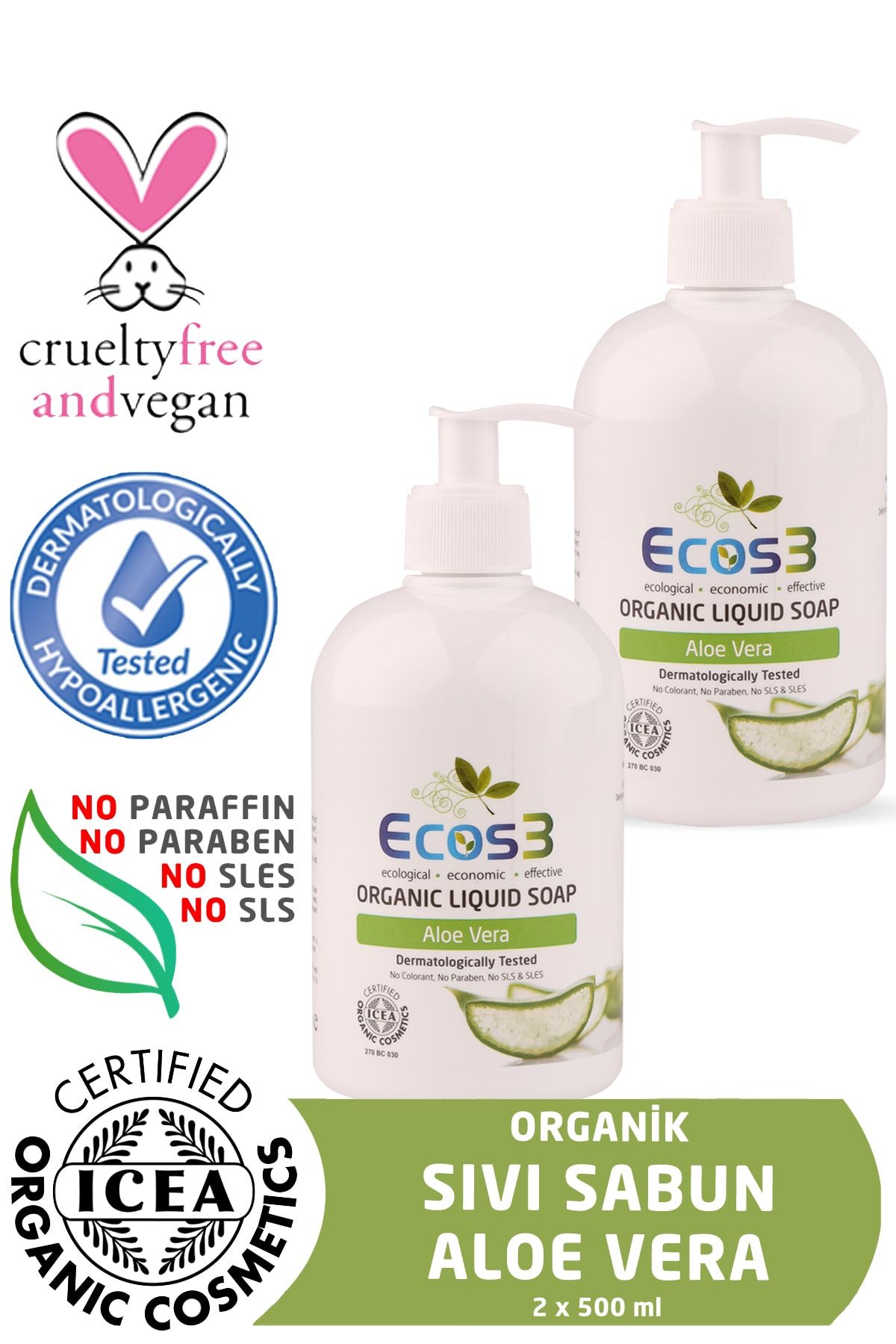 Ecos3 Organik Sıvı Sabun Aloevera 2’li SET (2 x 500 ML)