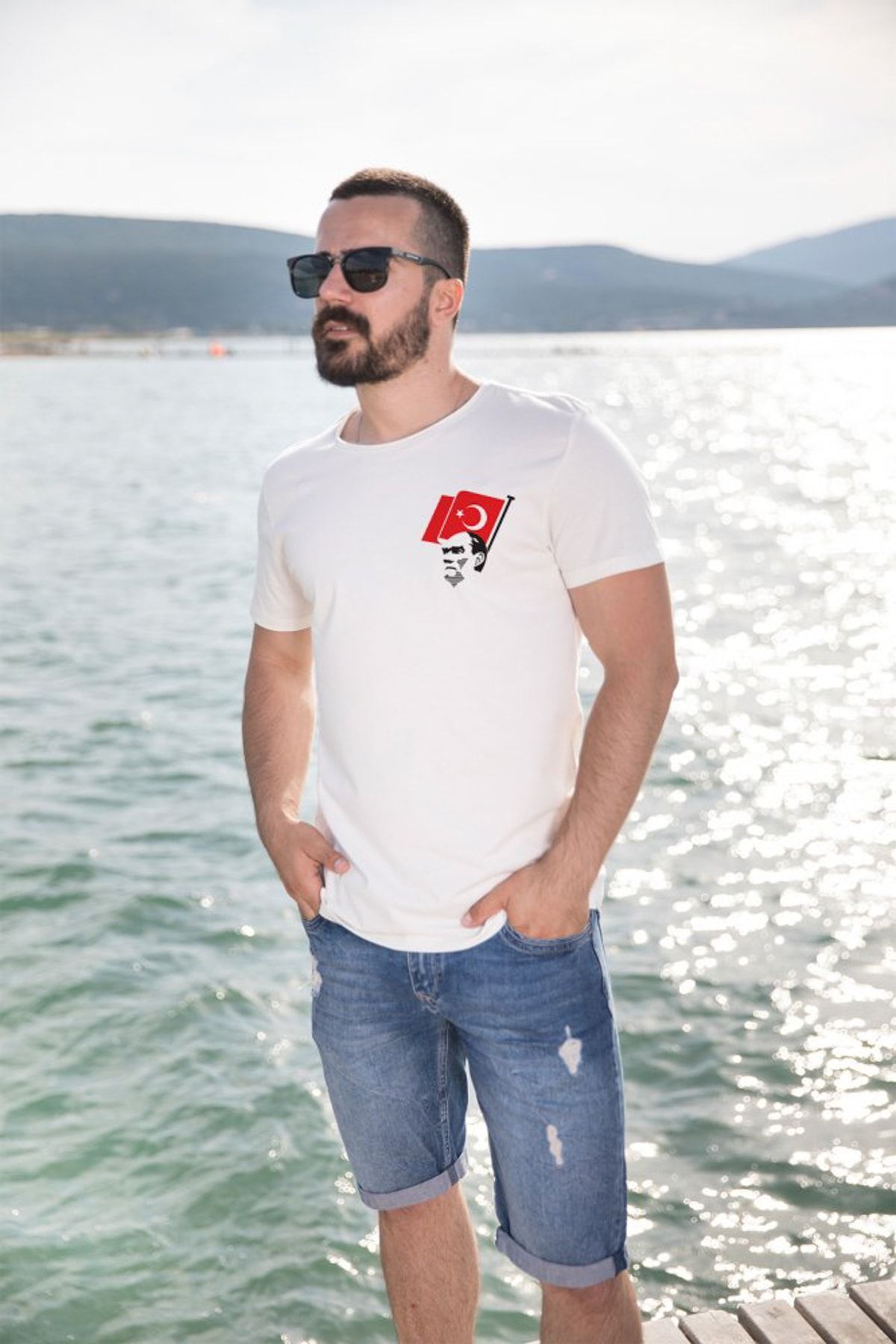 Angemiel Erkek Wear Türk Bayraklı Atatürk Pamuklu Beyaz Tişört