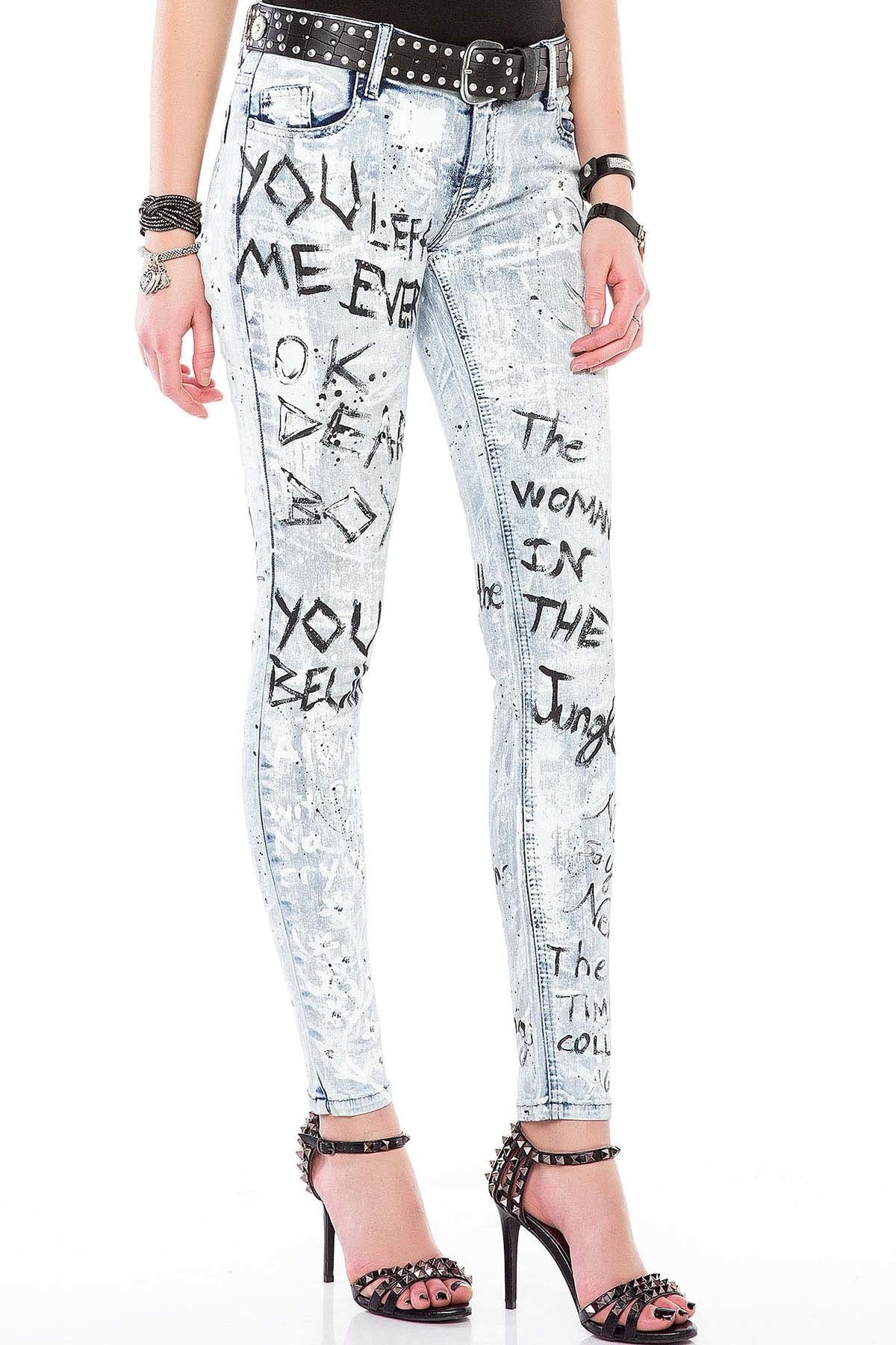 Cipo&Baxx WD370 Boyalı Baskılı Buz Mavi Slim Fit Bayan Jeans Kot