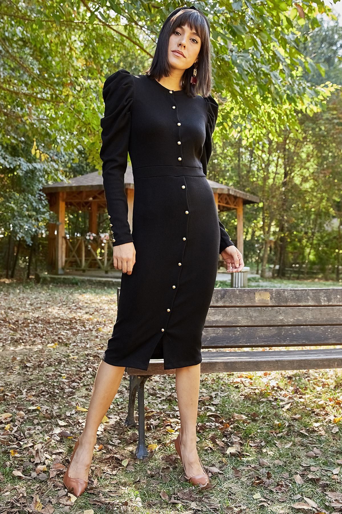 Mispacoz Kadın Siyah Önü Düğmeli Karpuz Kol Triko Akrelik Elbise  S20K-2061Es