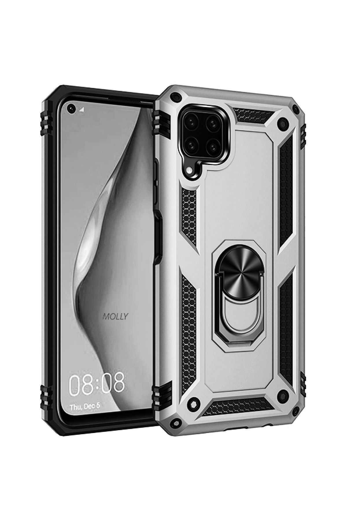 Molly Huawei P40 Lite Uyumlu Gümüş Megatron Yüzüklü Silikon Pc Kılıf