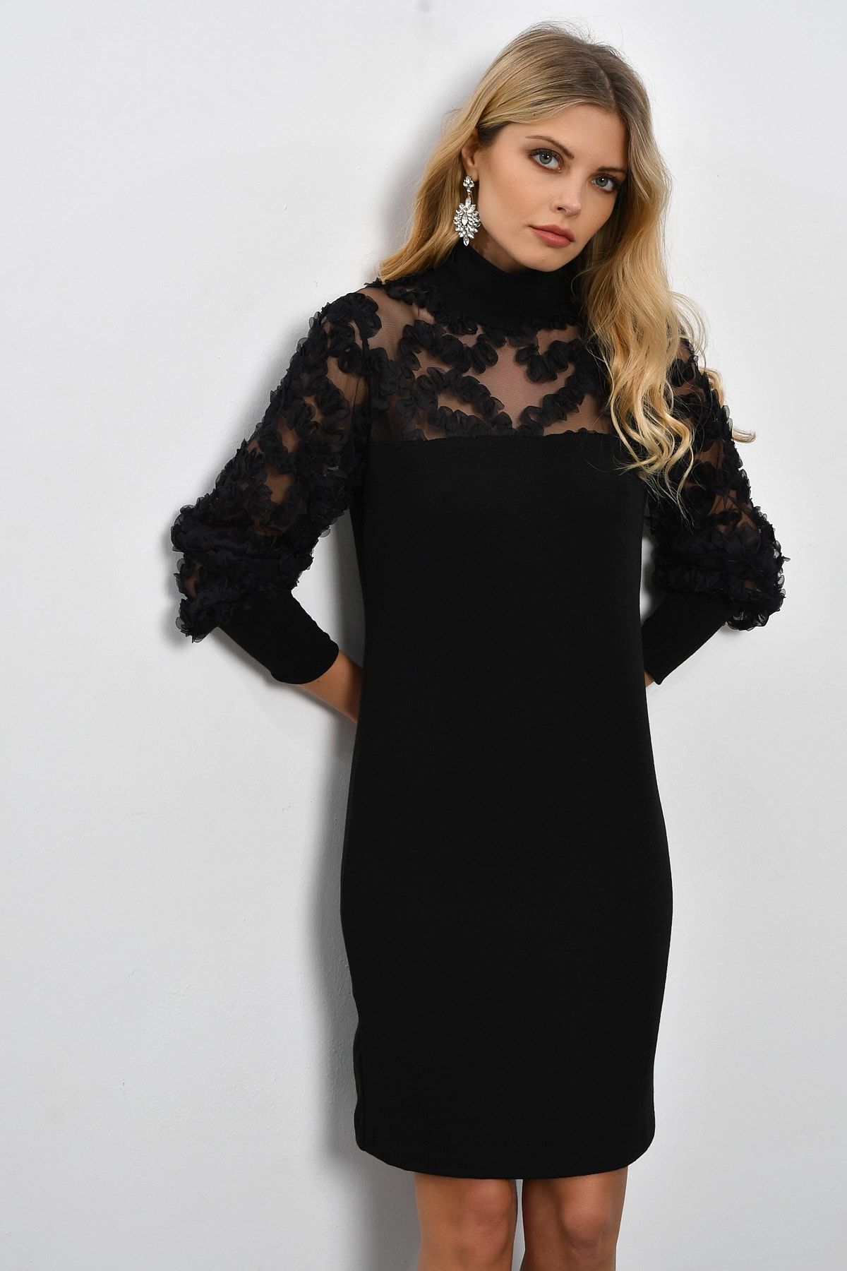 Cool & Sexy Kadın Siyah Fırfır Aksesuarlı Elbise BK925