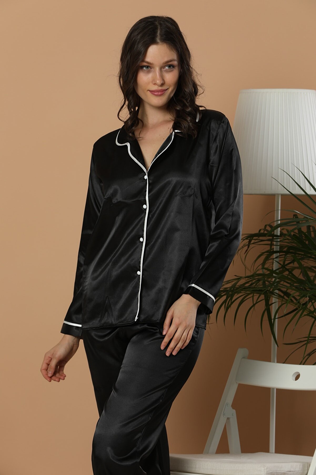 ELİTOL Kadın Siyah Saten Düğmeli Pijama Takımı