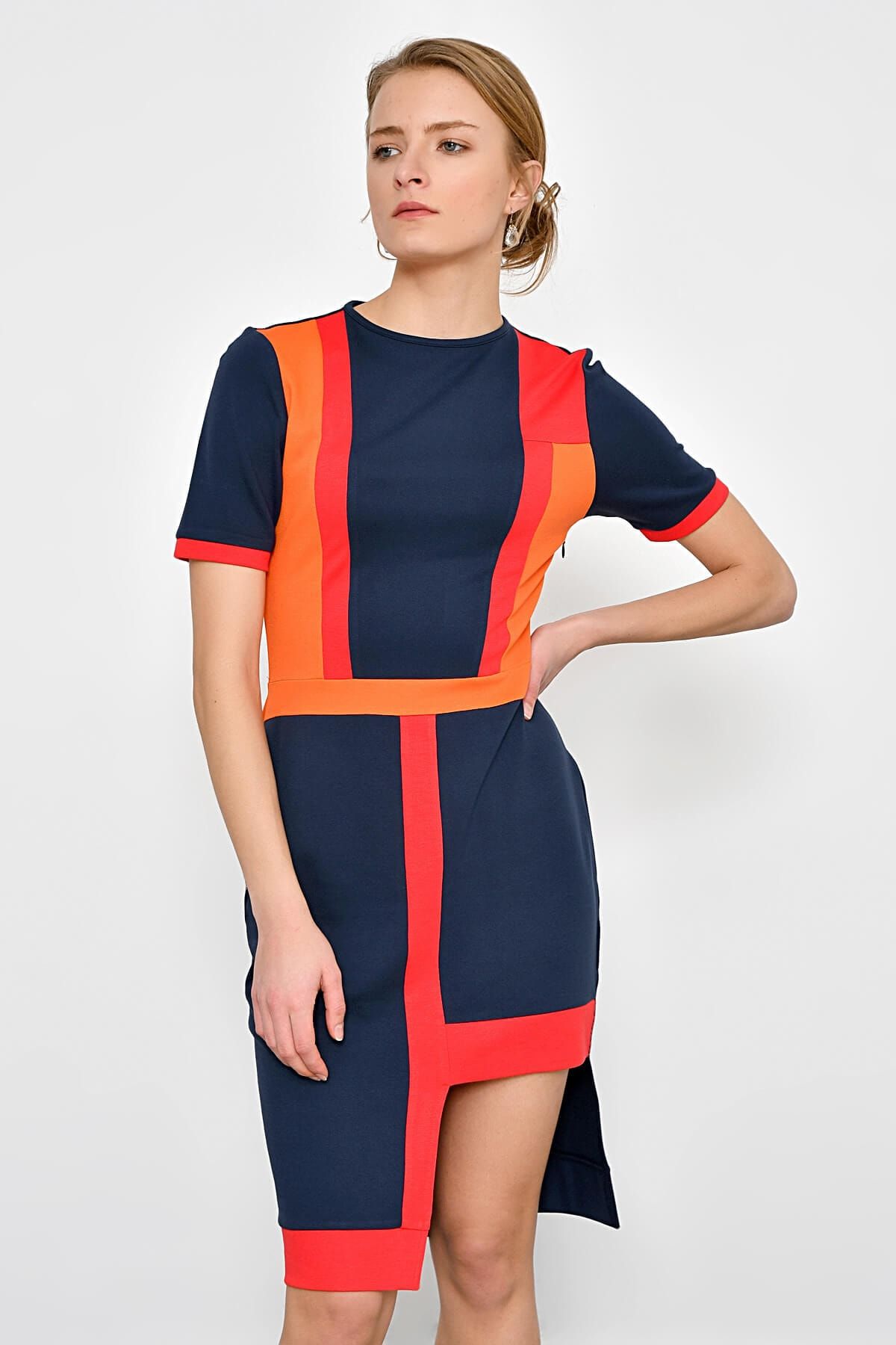 Hanna's Kadın Lacivert Kontrast Renkli Eteği Asimetrik Elbise