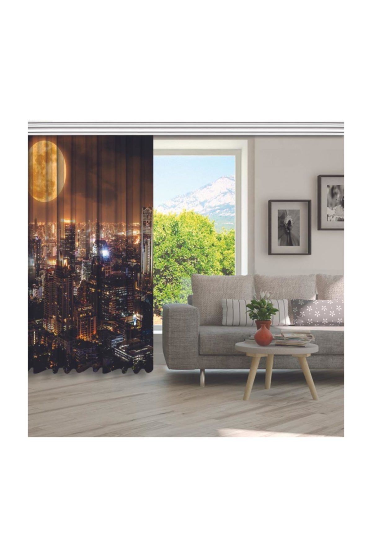 Henge Home Dolunaylı Gece Şehir Manzarası Desenli Fon Perde