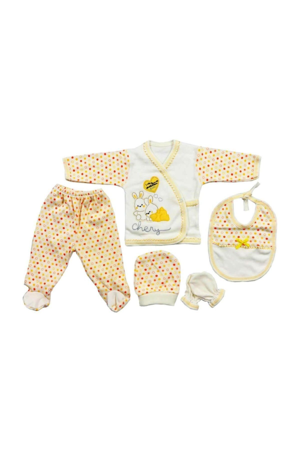 Bebe Unisex Bebek Bej Tavşan Nakışlı Sarı Puanlı Hastane Çıkış Seti 5 Li