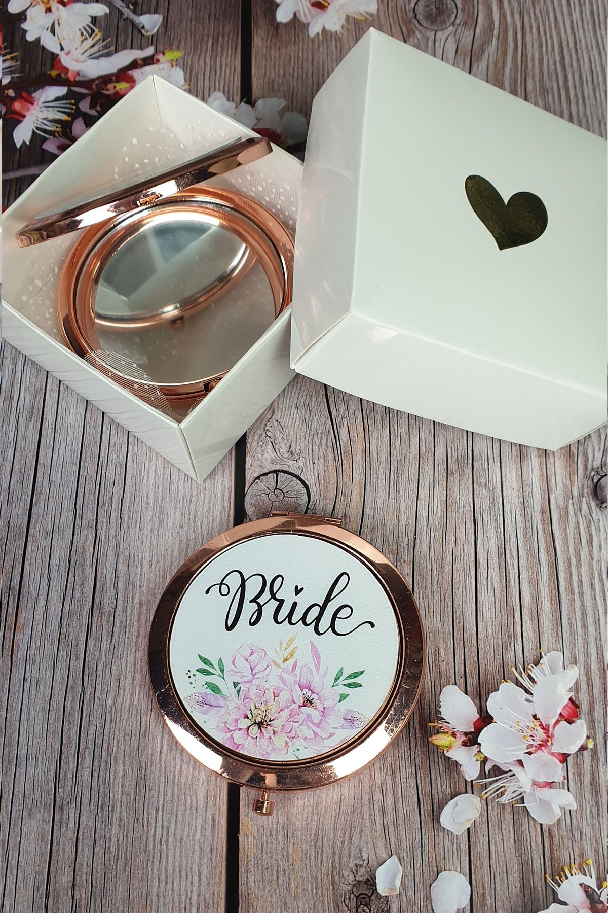 PEKSHOP Hediyelik Kutulu Makyaj Aynası, Rose Gold Renk, Bride Yazılı