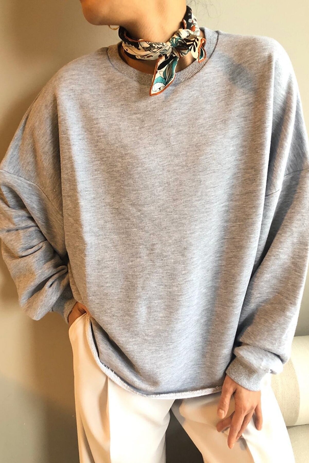 Basic Co Skye Oversized Gri Melanj Sweatshirt