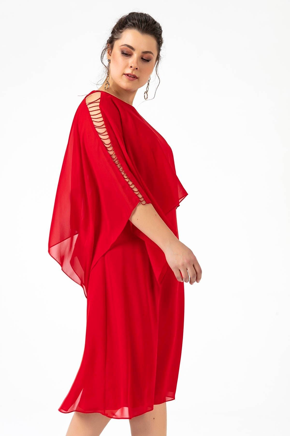 By Saygı Omuzları Boncuklu Üstü Şifon Büyük Beden Astarlı Elbise Kırmızı