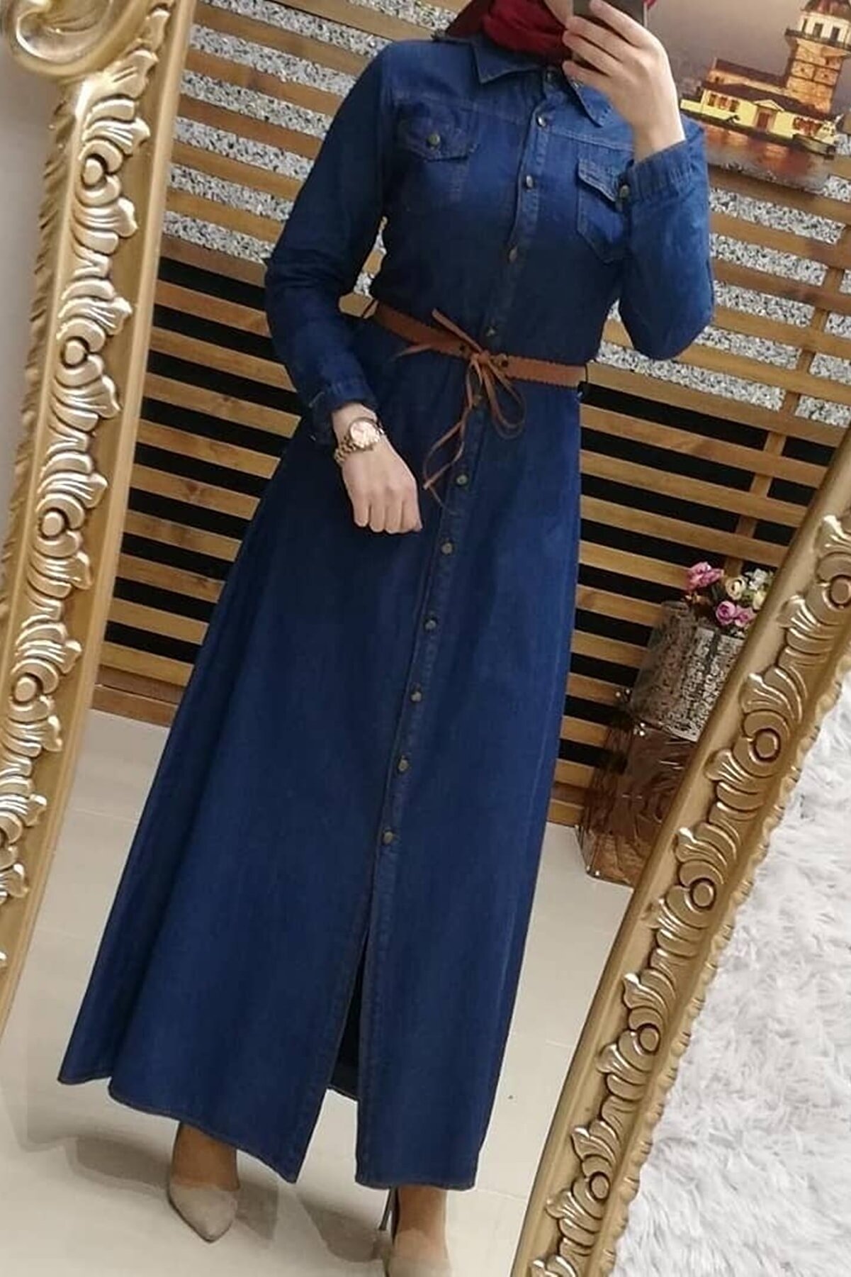 Gül Moda Boydan Düğmeli Kemerli Kot Elbise Koyu Mavi