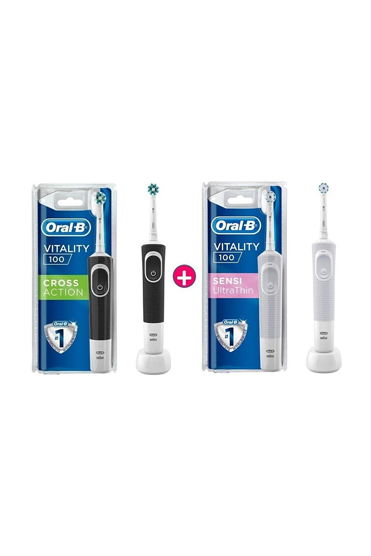 Oral-B D100 Vitality Cross Action Siyah + D100 Vitality Sensitive Ultrathin Şarjlı Diş Fırçası White