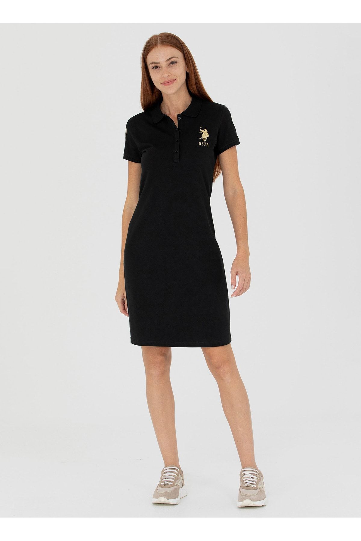 U.S. Polo Assn. U.S. Polo Assn. Polo Yaka Düz Siyah Diz Üstü Kadın Elbise MTS02223-075