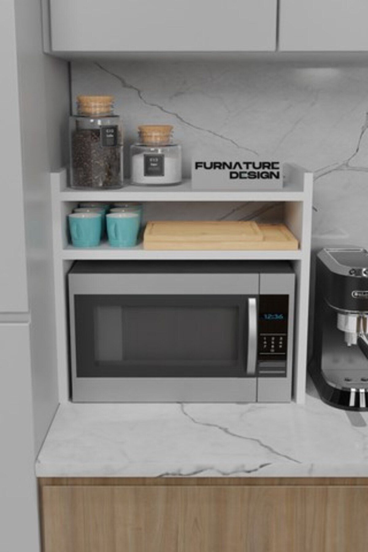 FurnatureDesign Tezgah Üstü Mikrodalga Fırın Rafı Mutfak Organizer Beyaz
