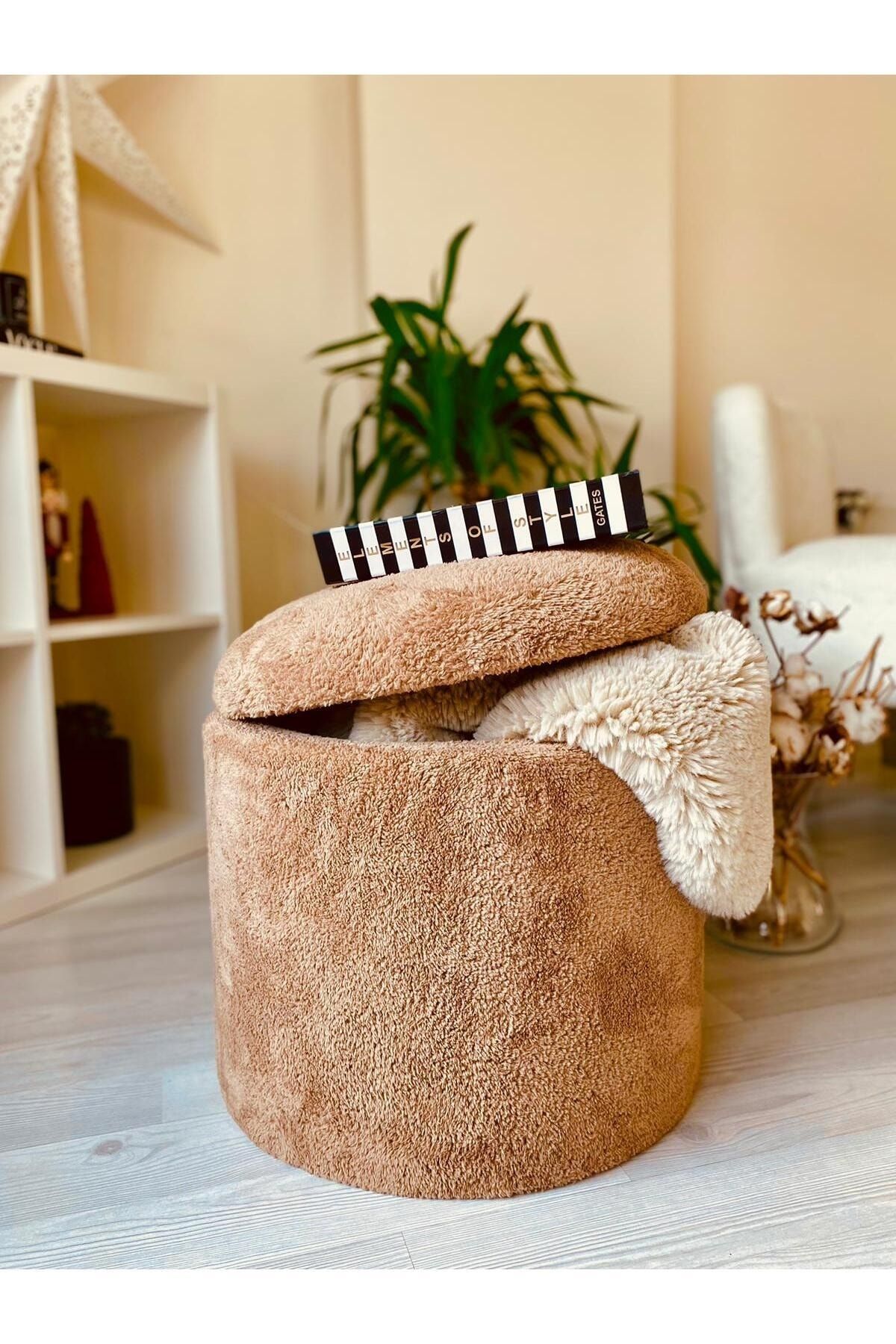 WEBPANYA Handmade X Large Kahverengi Tedy Kumaş Sandıklı Silindir Dekoratif Pufidik Puf Bench