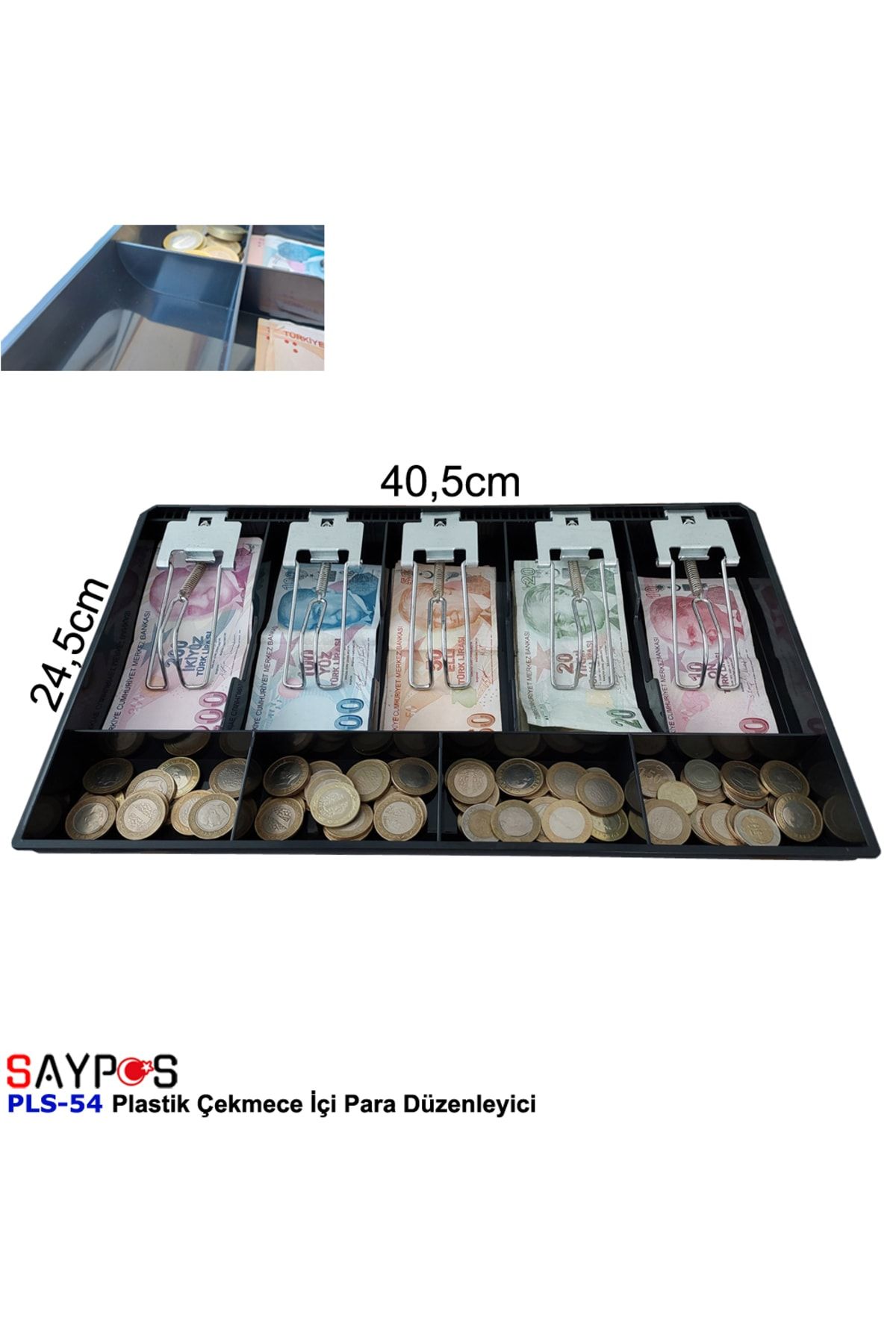 SAYPOS Rampalı Plastik Çekmece Içi Para Düzenleyici 5 Banknot 4 Bozuk Para Gözlü 40,5 X 24,5 X 3,5cm