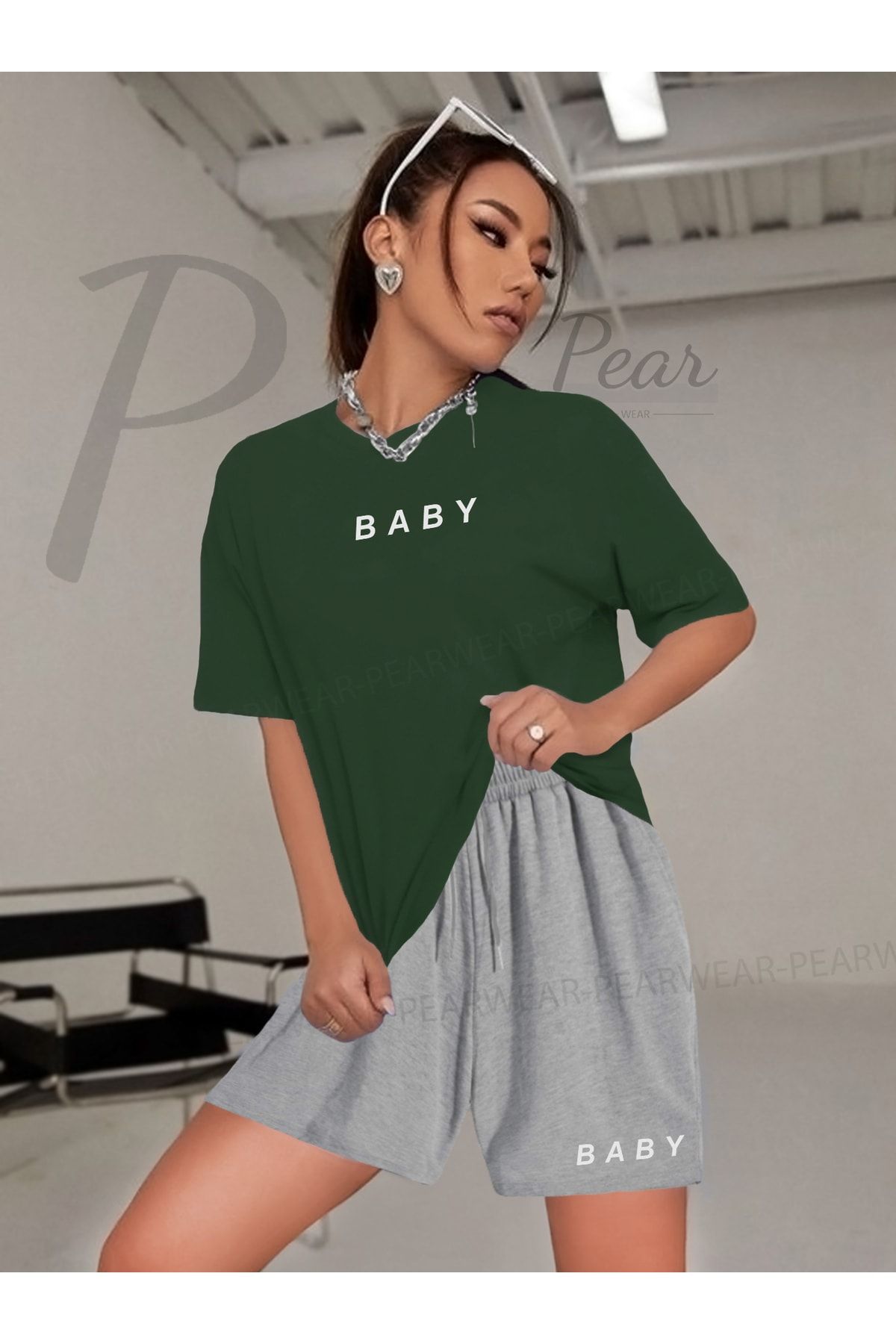 Pear Wear Kadın Baby Baskılı Oversize Tshirt Şort İkili Takım