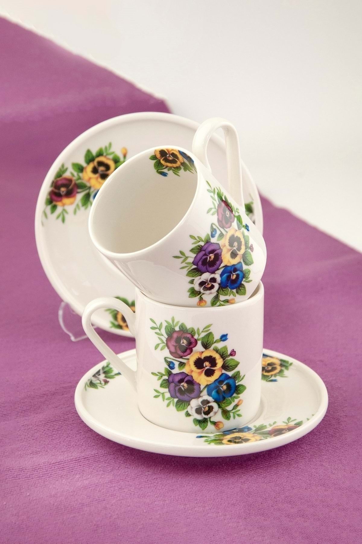 Bursa Porselen Dekor Menekşe 2 kişilik porselen çay fincan takımı